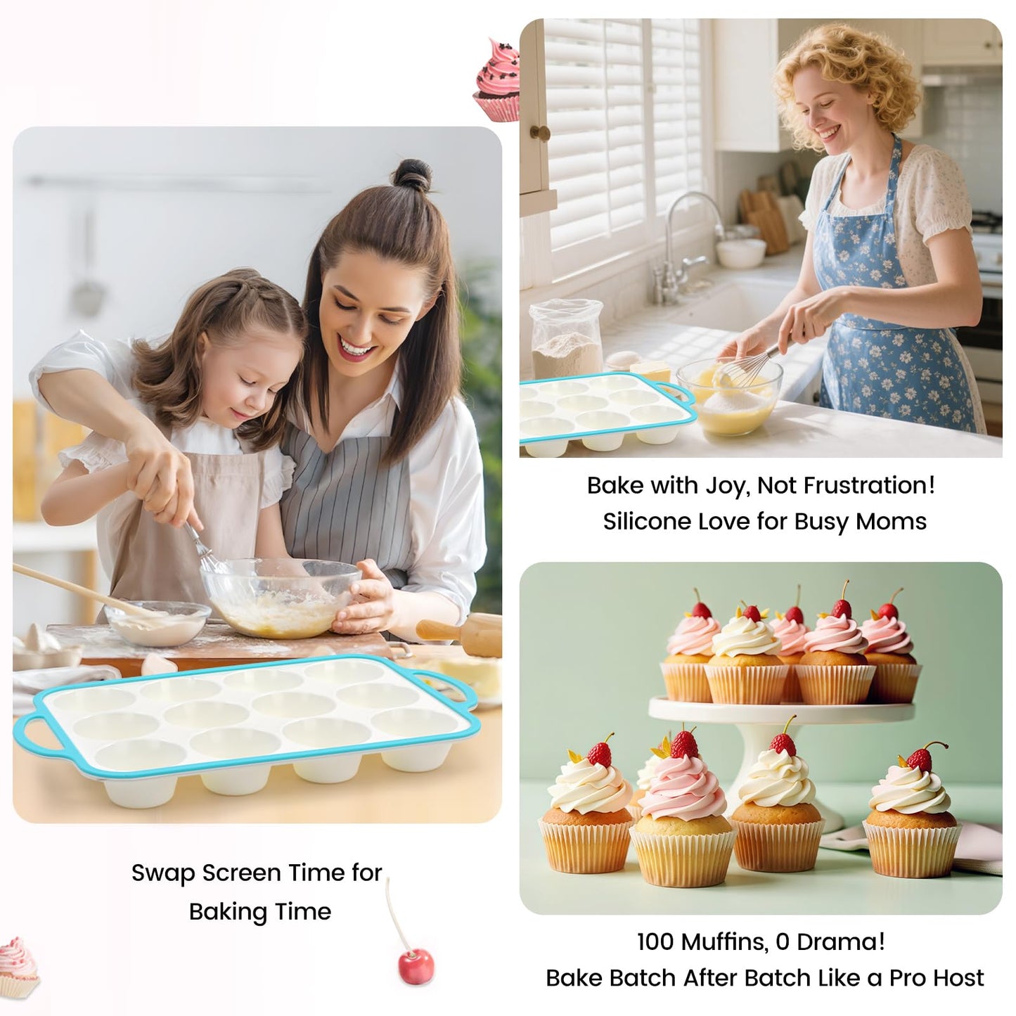Fimary Silicone Muffin Pans for Baking 2 Pack, 2.6 Inch with Metal Reinforced Frame, Regular Size Nonstick Cupcake Pan 12 Cups for Baking Homemade Muffins, Dishwasher Safe BPA Free-Blue