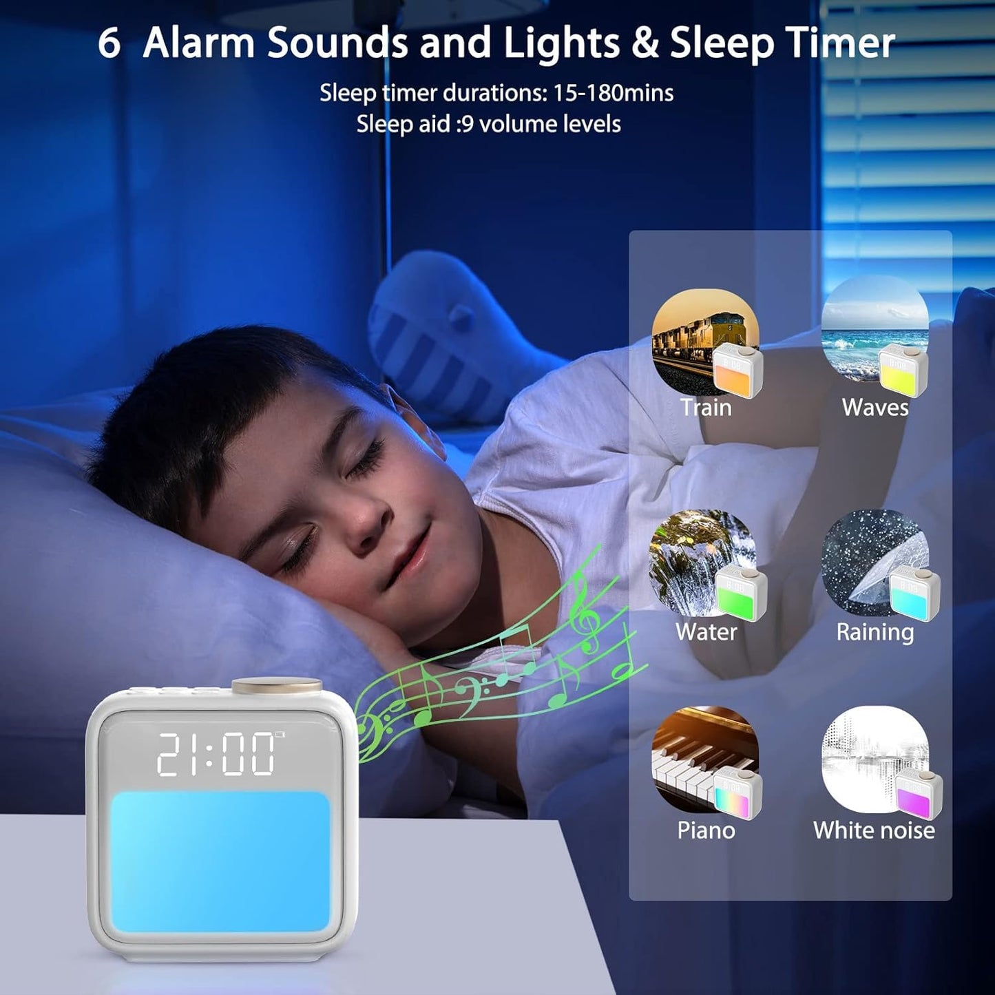 Samshow Alarm Clocks for Bedrooms,Loud Alarm Clock for Heavy Sleepers Adults, 15-180 Mins Sleep Aid,6 Wake up Sounds,10 Colors Night Light,Dynamic RGB Color, White