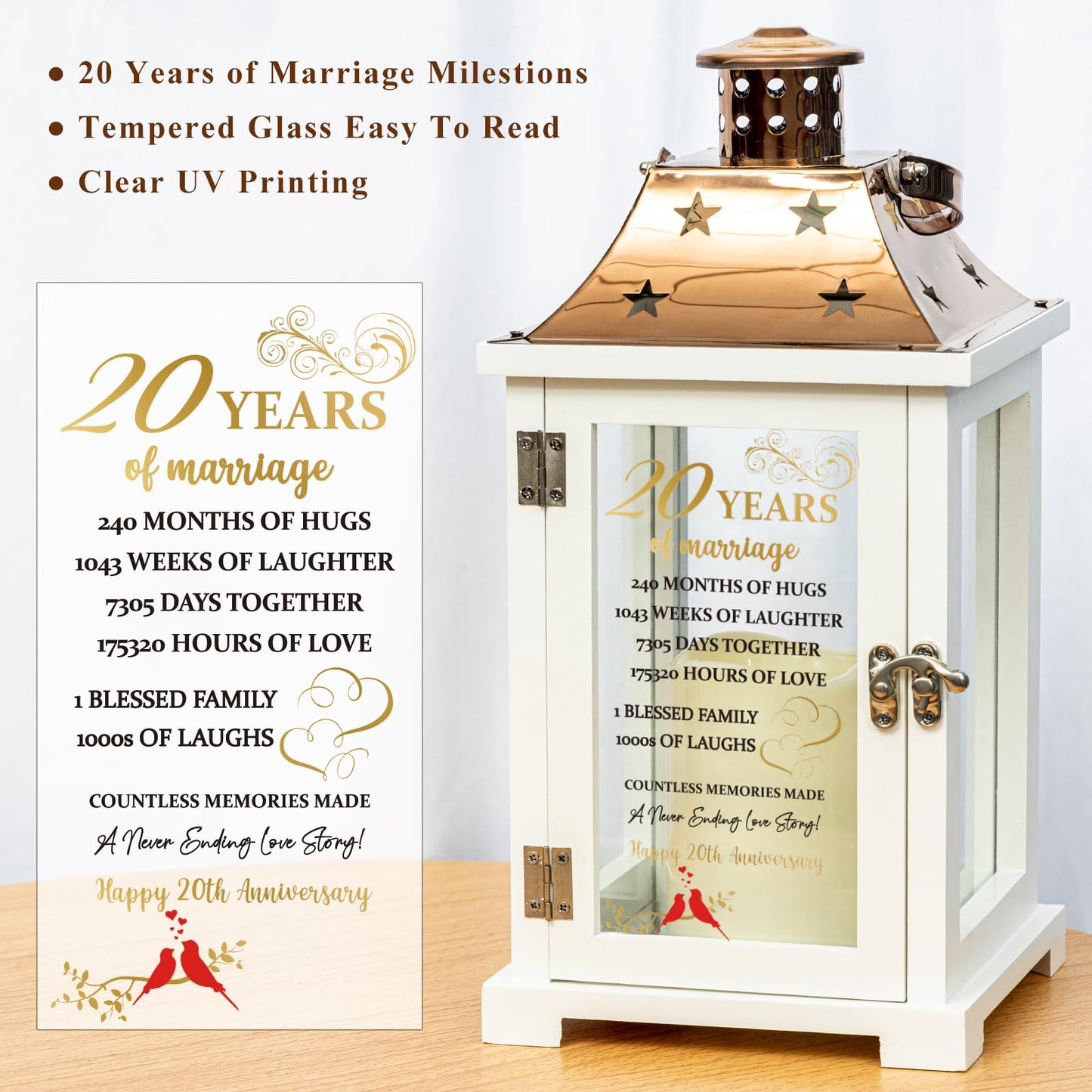 20th Wedding Anniversary Lantern, Happy 20 Years Anniversary Ideas Gift for Parents Couple Friends, Unique Marriage Keepsake Decorations for Wife Husband Him Her