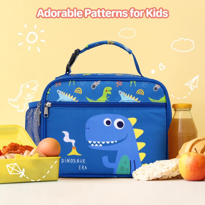 BrainyBees Insulated Kids Lunch Bag - Reusable Boys Lunch Box with Water Bottle Holder Toddler Lunch Tote Bag for Daycare and School, Easy to Clean, Blue Cute Dinosaur