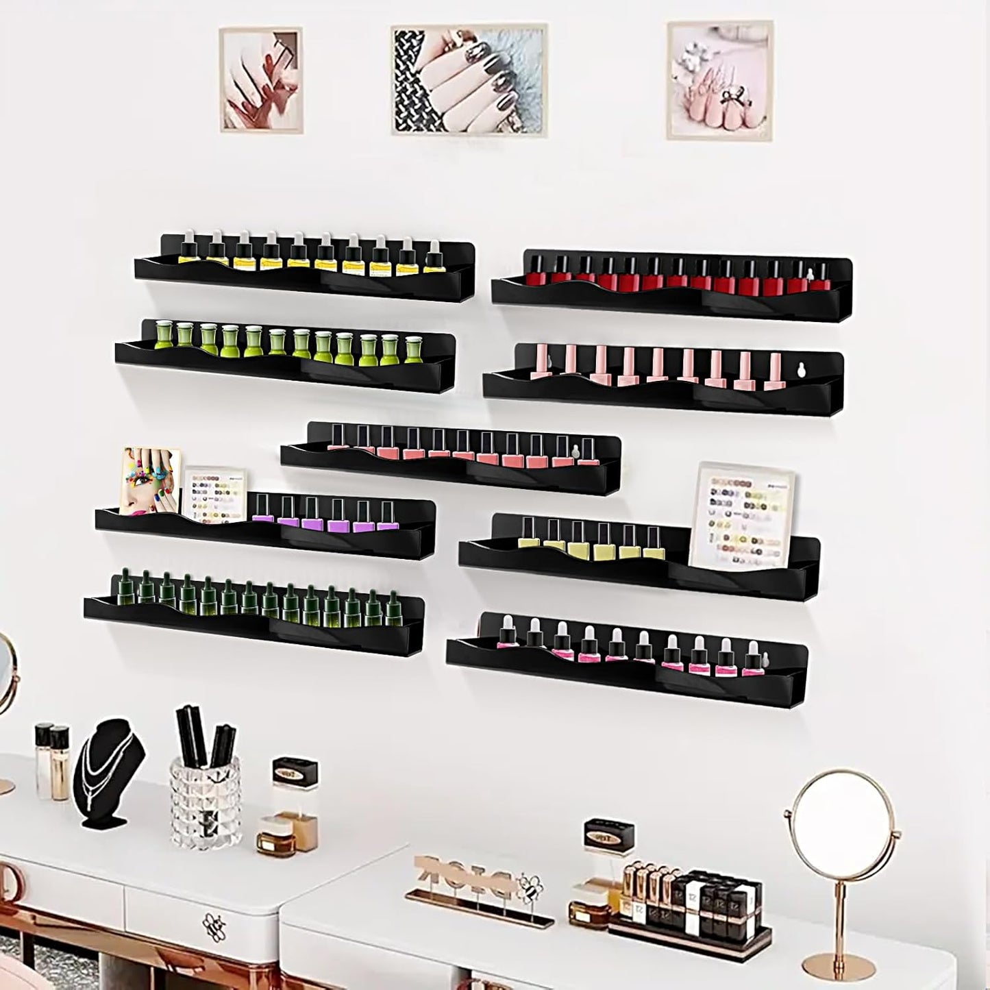 Skiennix Nail Polish Wall Rack - 6-Shelf Black Acrylic Display for Cosmetics & Essential Oils | 15-Inch