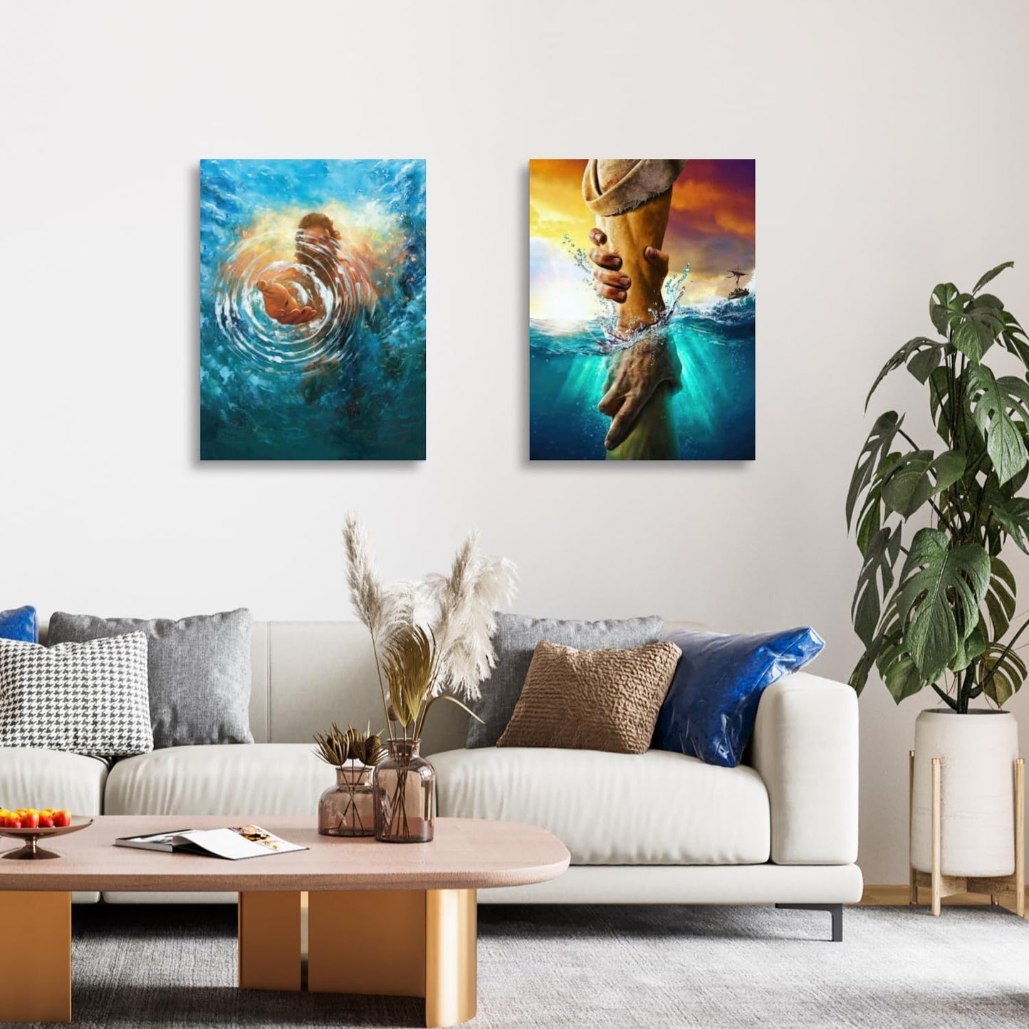 2 Pcs Framed Jesus Wall Art, The Hand of God Jesus Reaching Into Water Poster Prints, Christian Christmas Gifts, Bible Blue Ocean Wrapped Canvas Painting for Church Prayer Room Hospitals 16"x24"