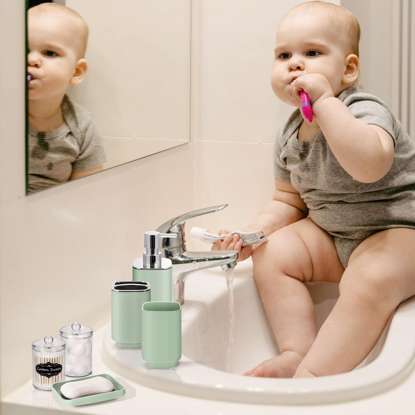 Bathroom Set - 9 Pcs Green Bathroom Accessories Set with Trash Can,Soap Dispenser,Tray,Soap Dish,Toothbrush Holder&Cup,Toilet Brush Holder, 2 Qtip Holder Dispenser