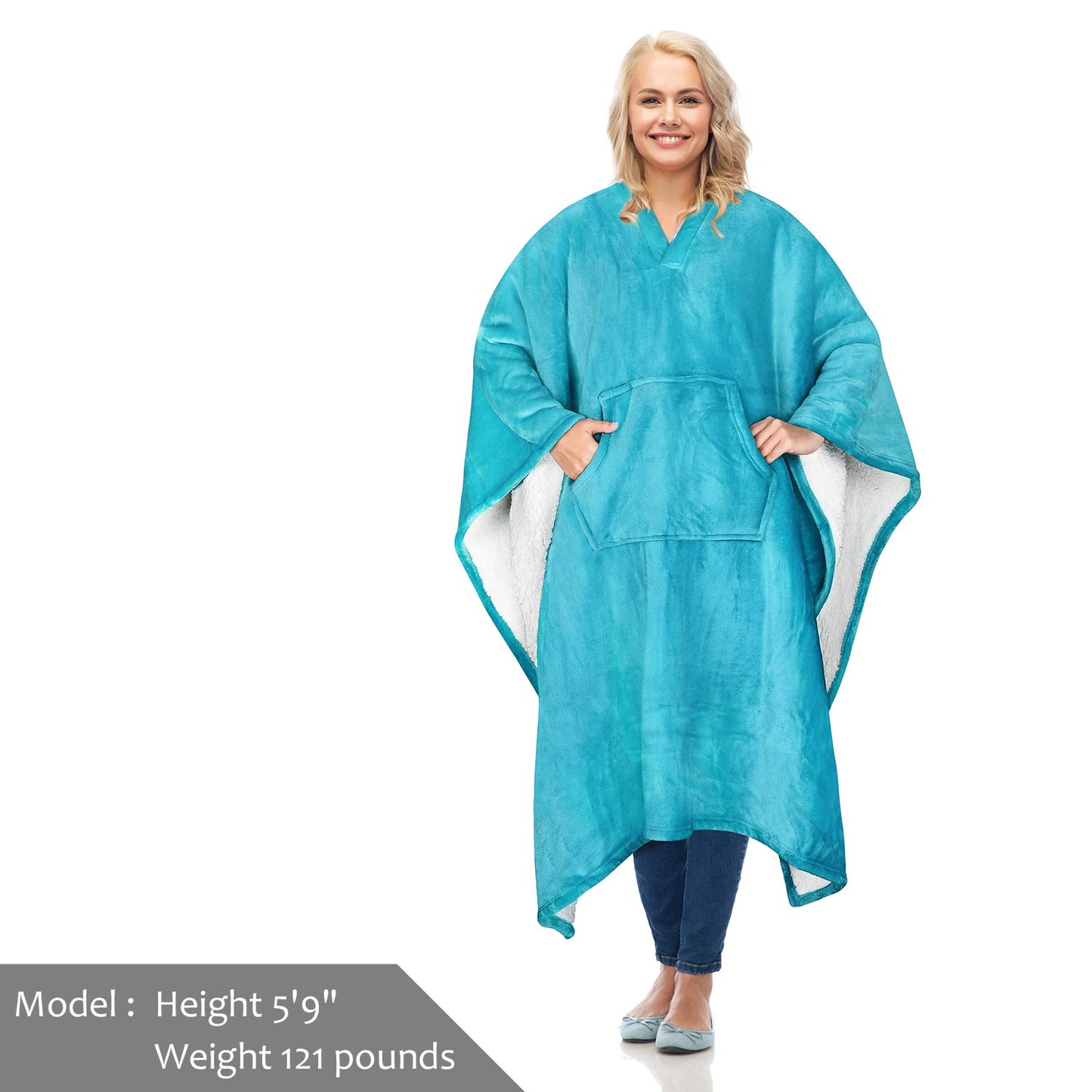 Catalonia Sherpa Wearable Blanket Poncho for Adult Women Men, Wrap Blanket Cape with Pocket, Warm, Soft, Cozy, Snuggly, Comfort Gift, No Sleeves, Aqua