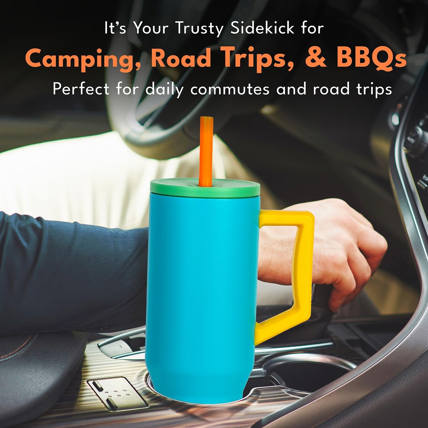 Elemental 40 oz Tumbler with Handle and Straw - Spill Proof Insulated Stainless Steel Commuter for Cold Beverages - Travel Coffee Mug with 2 Straws & Spill Proof Lid - 40oz- Blue Lagoon