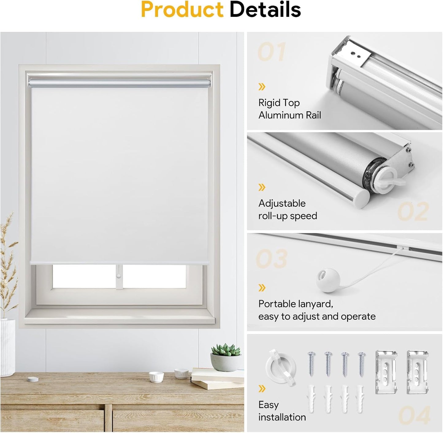Sunfree Blackout Roller Shades Window Shades Cordless Blackout Window Blinds with Thermal Insulated for Bedroom,Office,48" W x 72" H,White