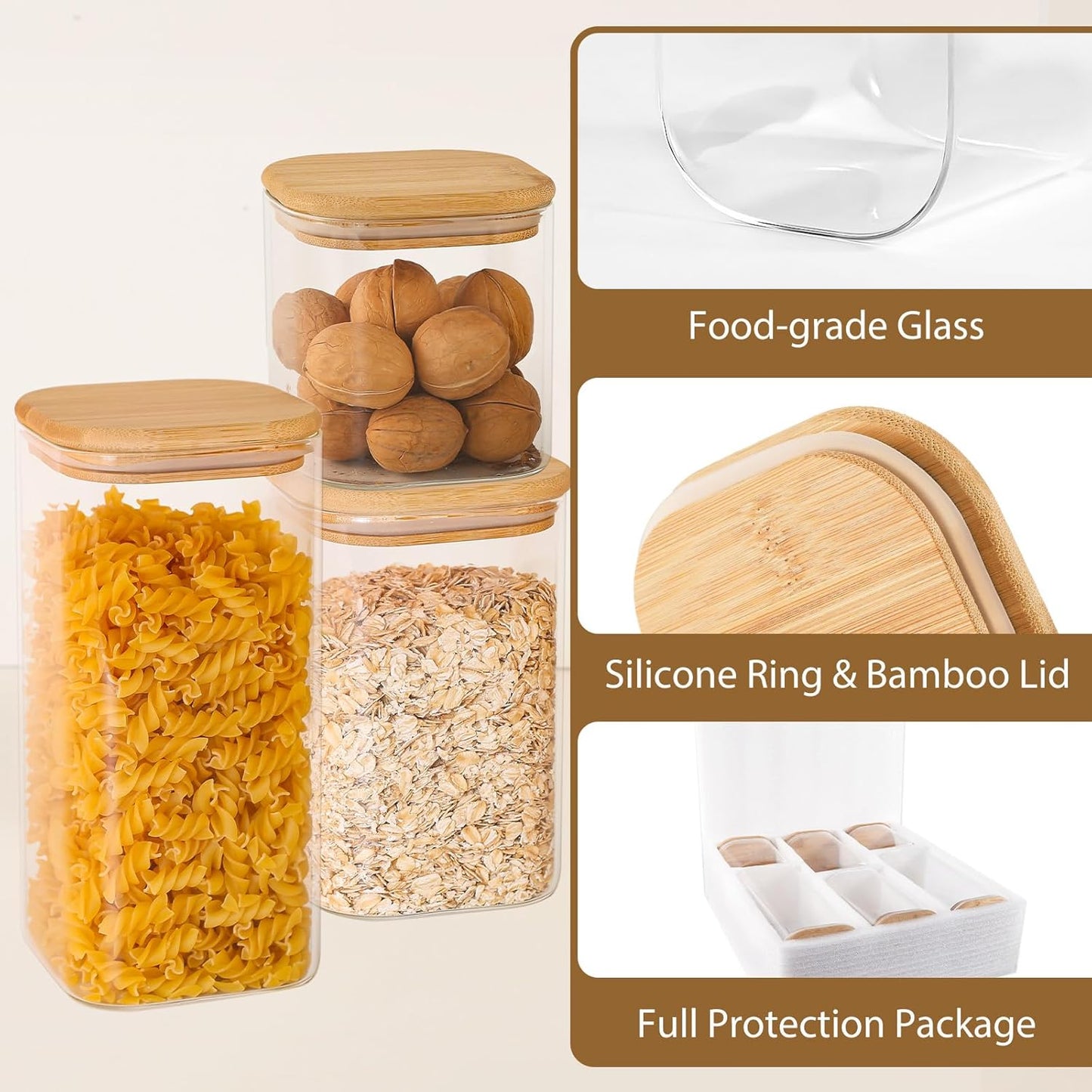 TBWIND Glass Storage Containers - 6 Pack Airtight Canisters with Bamboo Lids | Clear Jars for Food, Coffee, Flour, Snacks (24oz/37oz/51oz)