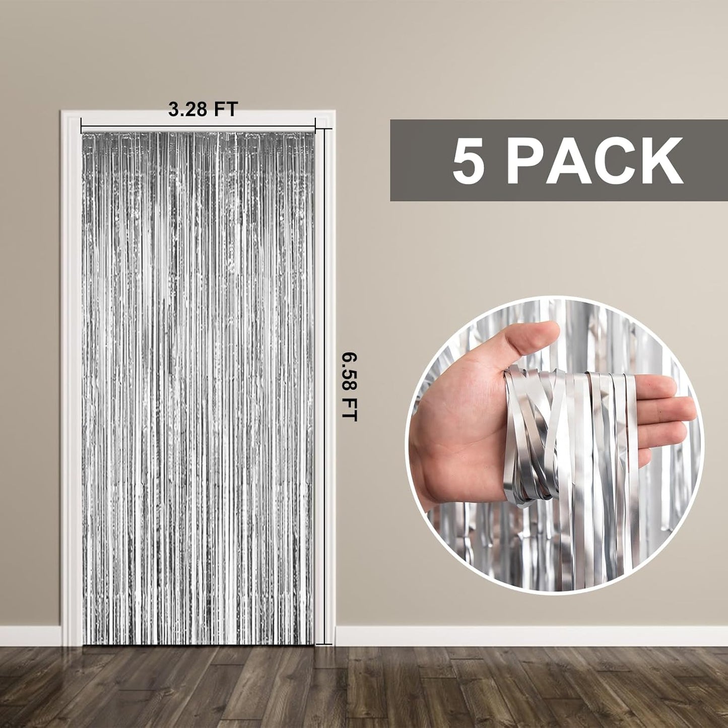 Skiennix Foil Curtain Backdrop - Silver Metallic Tinsel Fringe for Photo Booths | 5 Pack Party Decorations