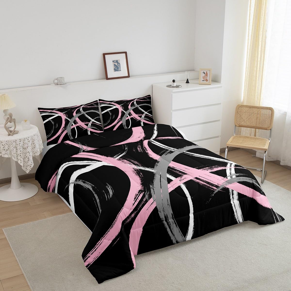 Feelyou Kids Pink Black White Geometric Comforter Set Queen Size Stripes Bedding Set for Boys Girls Teens Bedroom Decor Abstract Comforter Women Men Modern Duvet Set with 2 Pillow Case