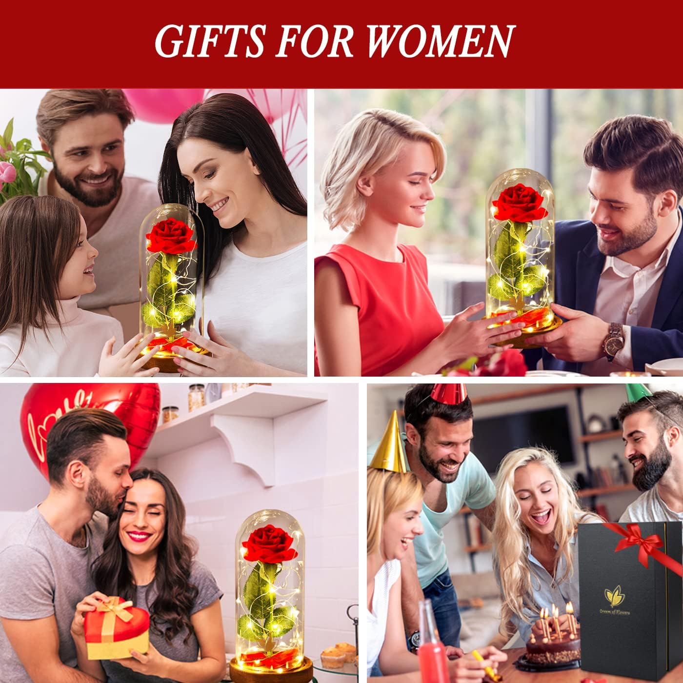 Birthday Gifts for Women,Beauty and the Beast Rose in Glass Dome,Preserved Rose with Warm Lights,Flower for Delivery Prime,Forever Flower Gifts for Women Mom Wife Girlfriend, Anniversary Birthday Gift