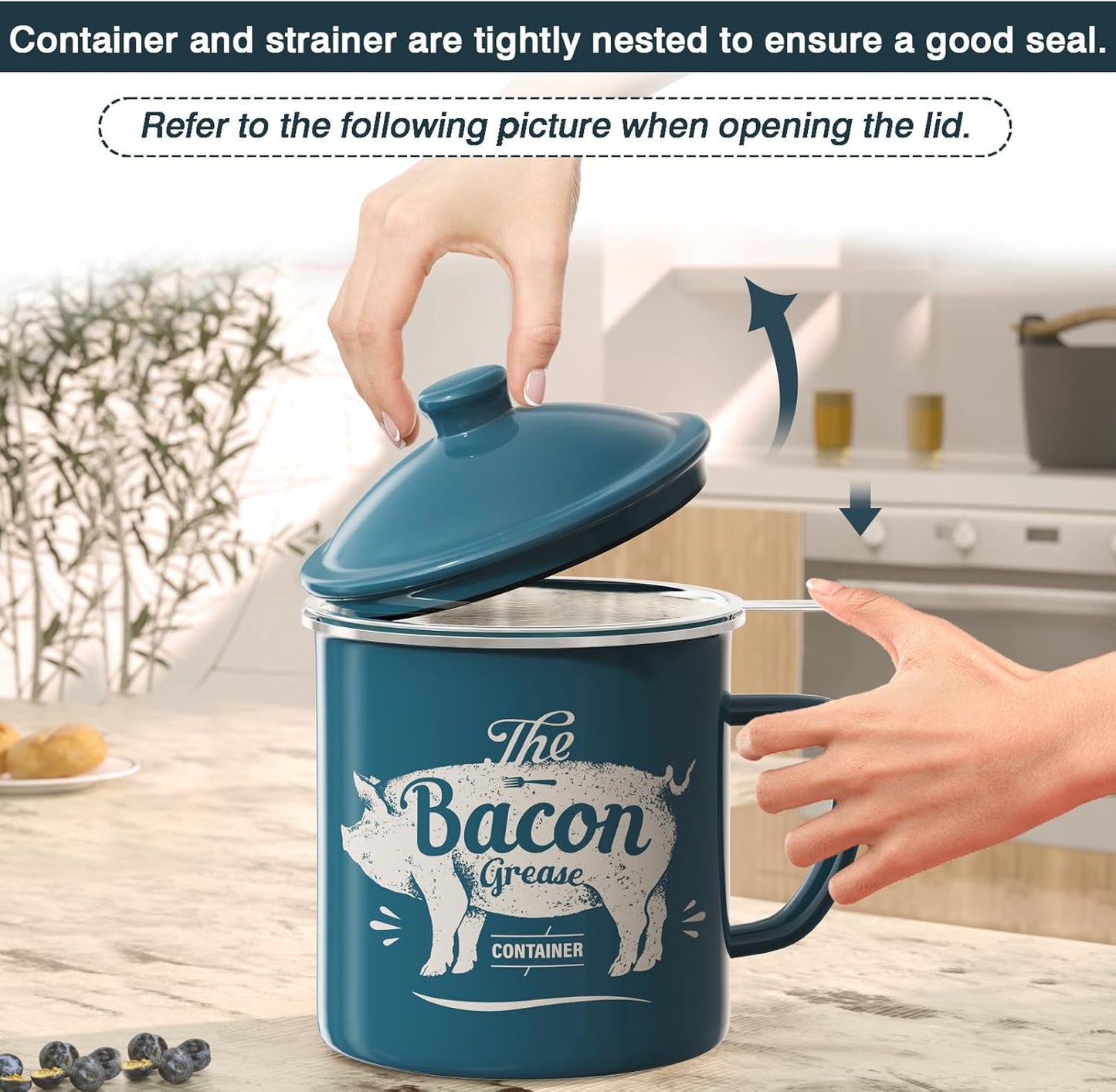 Skiennix Bacon Grease Container - 46oz Enamel Keeper with Strainer & Silicone Spatula | Dishwasher Safe - Blue