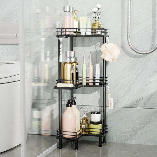 Consumest 3-Tier Corner Shower Caddy - Stainless Steel Organizer with Soap Holder & 4 Hooks | Large Capacity, Black