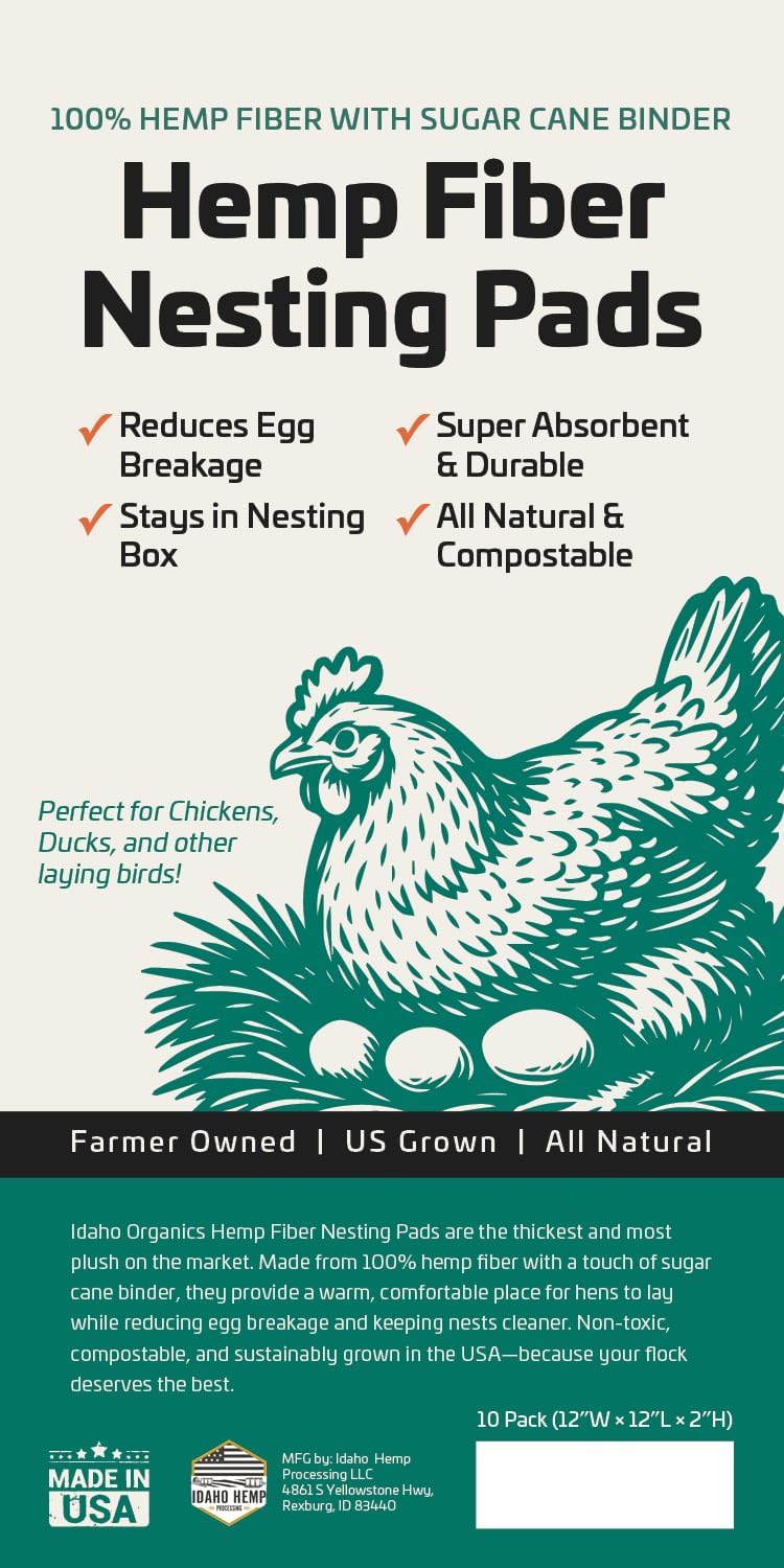 Naturally Grown US Hemp Fiber Chicken Nesting Pads - Super Absorbent & Sustainable | 12"x12" (10 Pack)