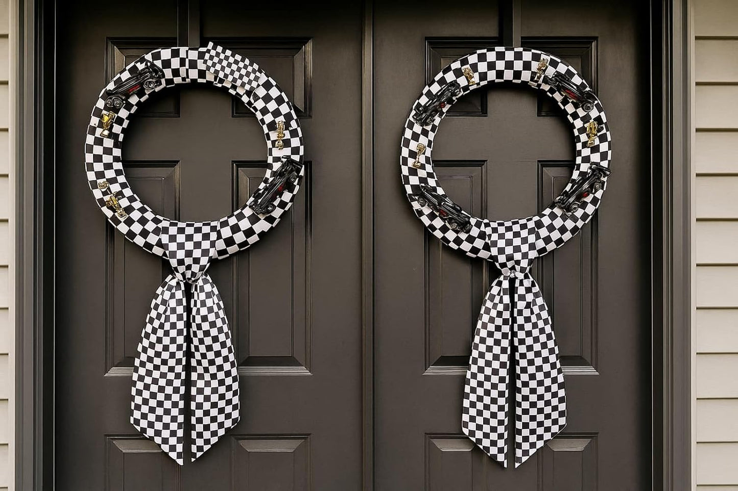 Skiennix Checkered Racing Wreath Sash - Black & White Tie Bow for Front Door Decor | Holiday & Birthday Accessory