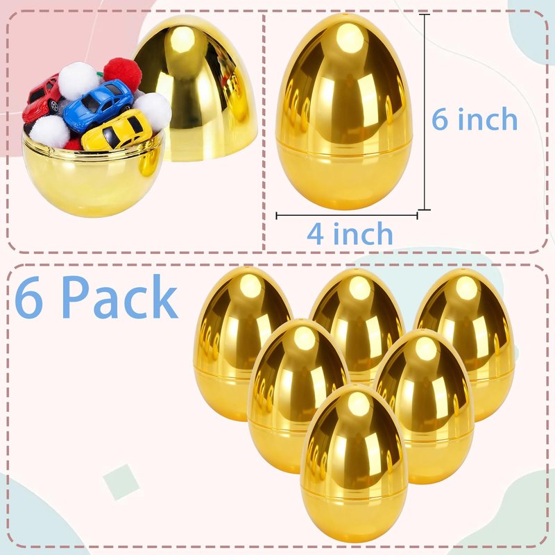 Qudoustar 6 Pack 6 Inch Jumbo Golden Easter Eggs, Metallic Giant Plastic Gold Fillable Eggs for Easter Hunt, Easter Basket Stuffers, Party Favors, Classroom Prize Supplies for Kids