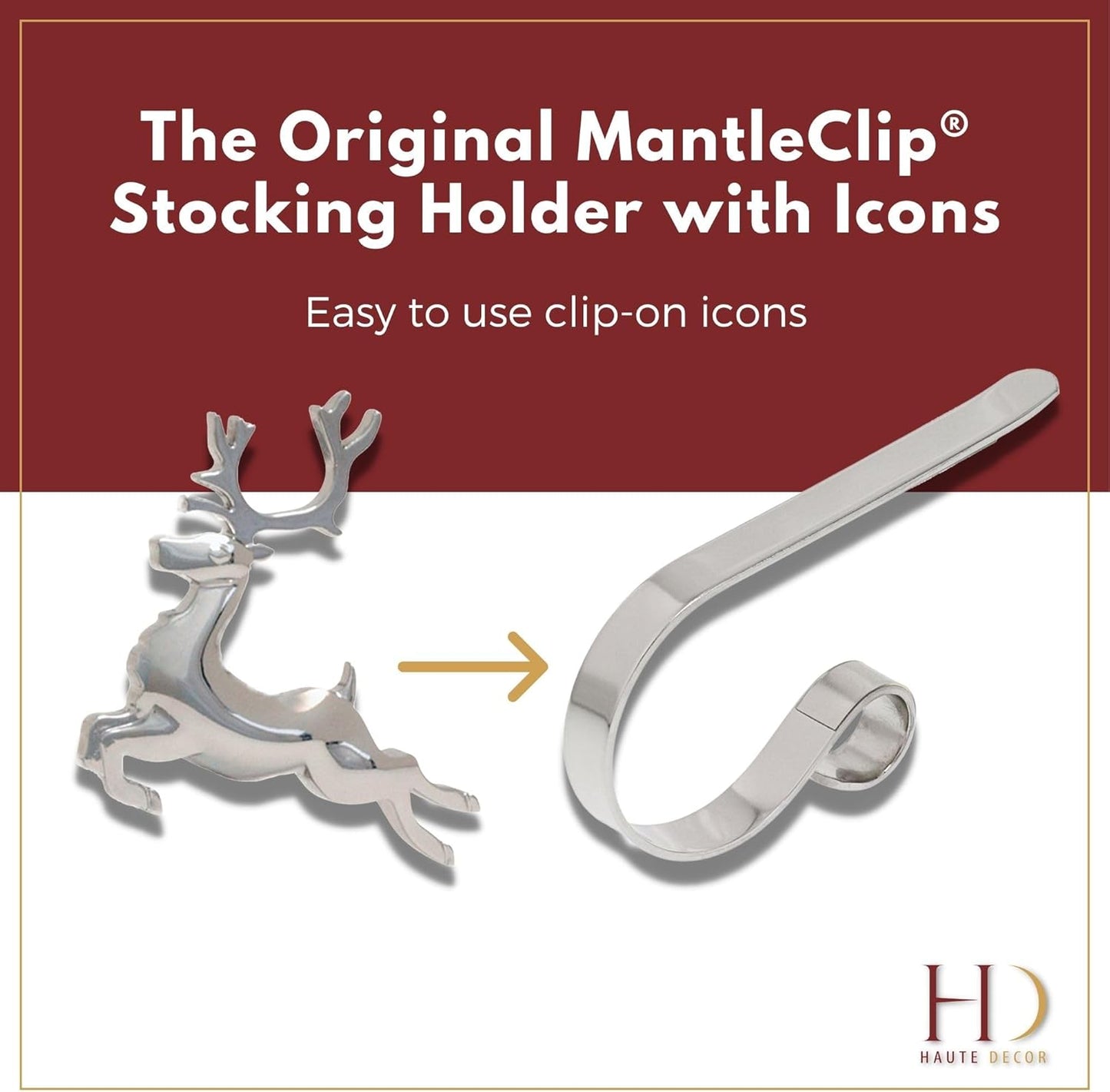 Gold MantleClip Stocking Holders Set - 4-Pack Removable ZINC Alloy Holiday Icons