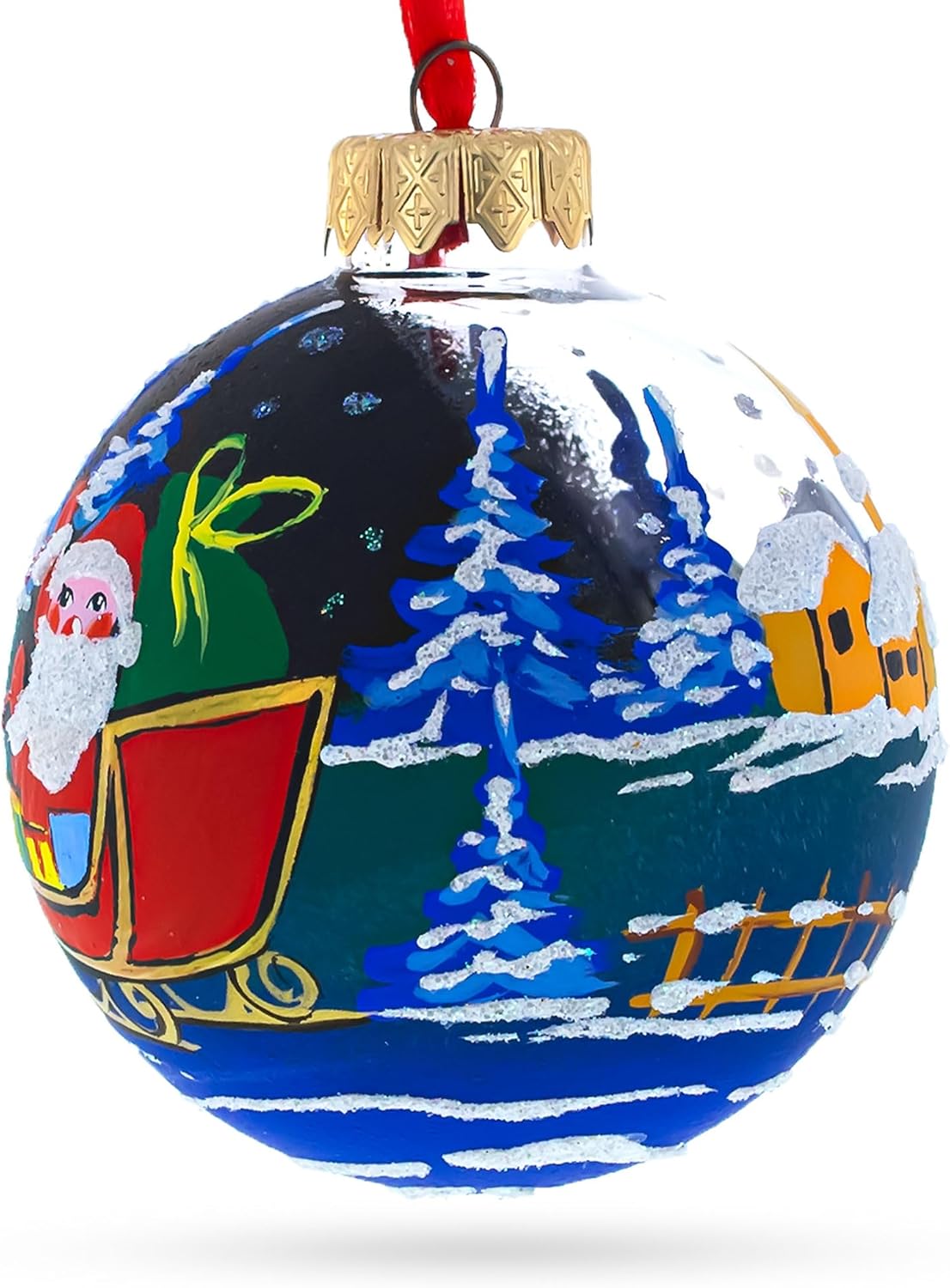 Santa's Sleigh Ride Glass Ornament - 3.25 Inch Reindeer Christmas Decor