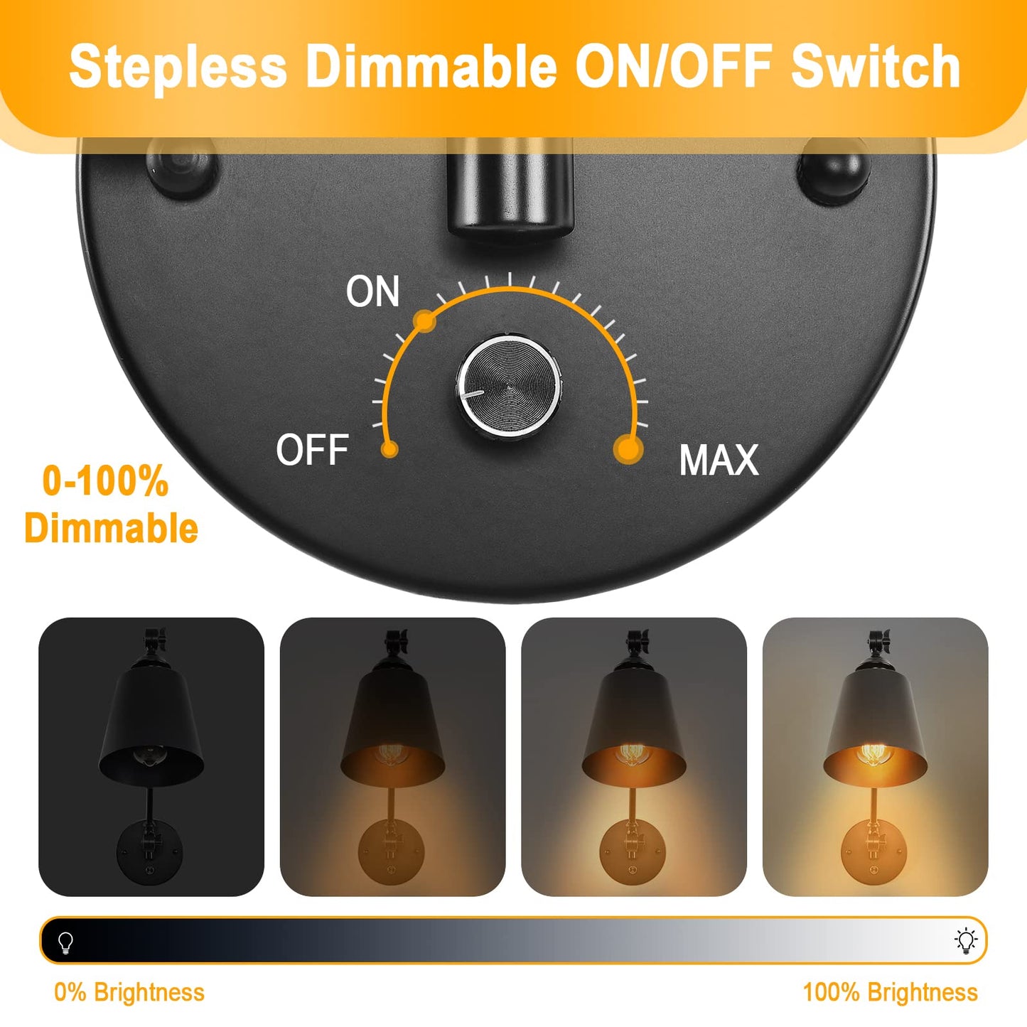 HOXIYA DIMMABLE Swing Arm Plug in Wall Lamps Set of 2, Plug-in Wall Sconce with Dimmer Switch Cord, Matte Black Metal Industrial Reading Light Fixture Wall Mounted for Bedside Bedroom Living Room