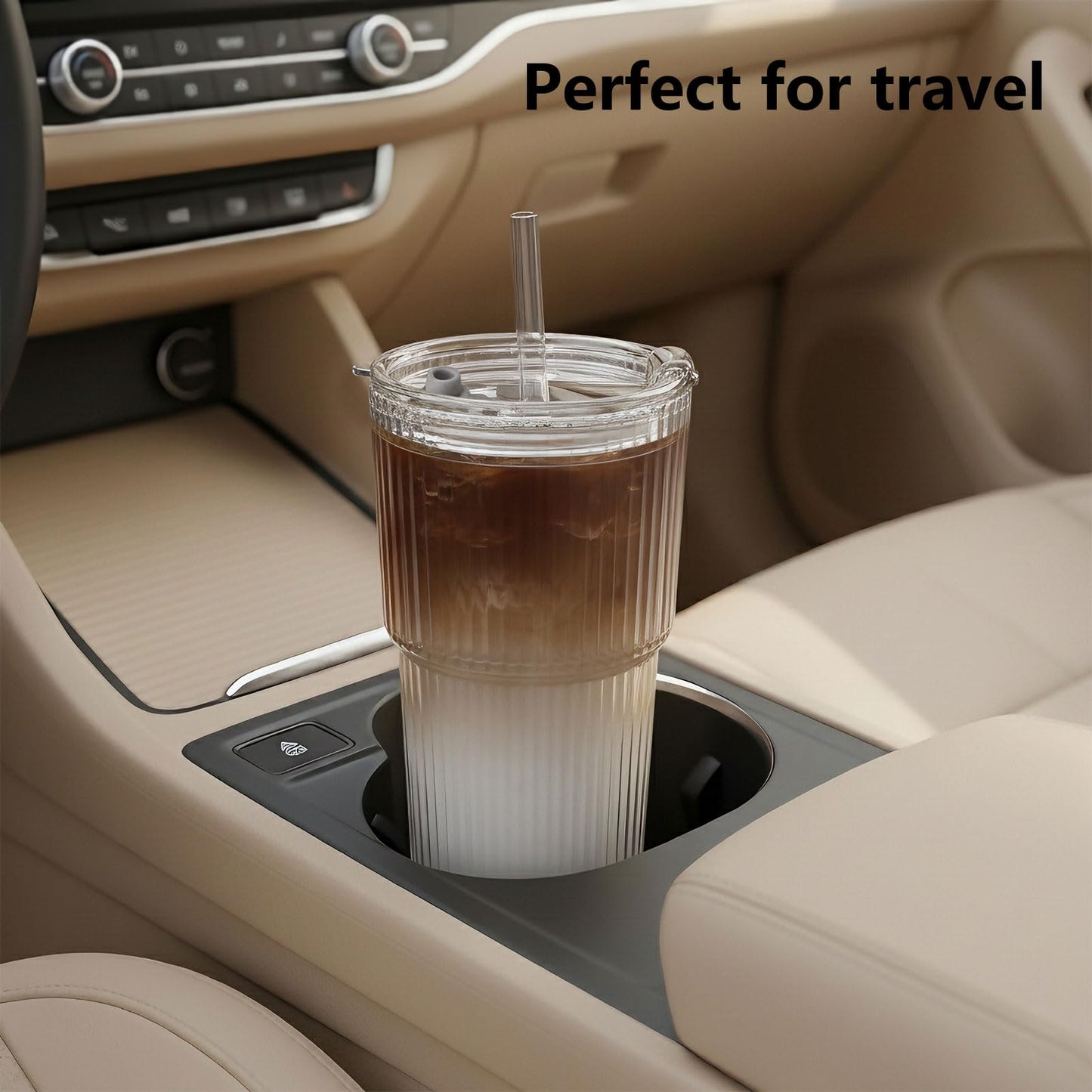 Ruckae 20oz Reusable Ribbed Glass Tumbler Set – 2 Pack Leakproof Glass Cups with Bamboo Lids,Thickened Glass– Aesthetic Iced Coffee Glasses for Home, Office, Travel, and Gifts (4, Transparent)