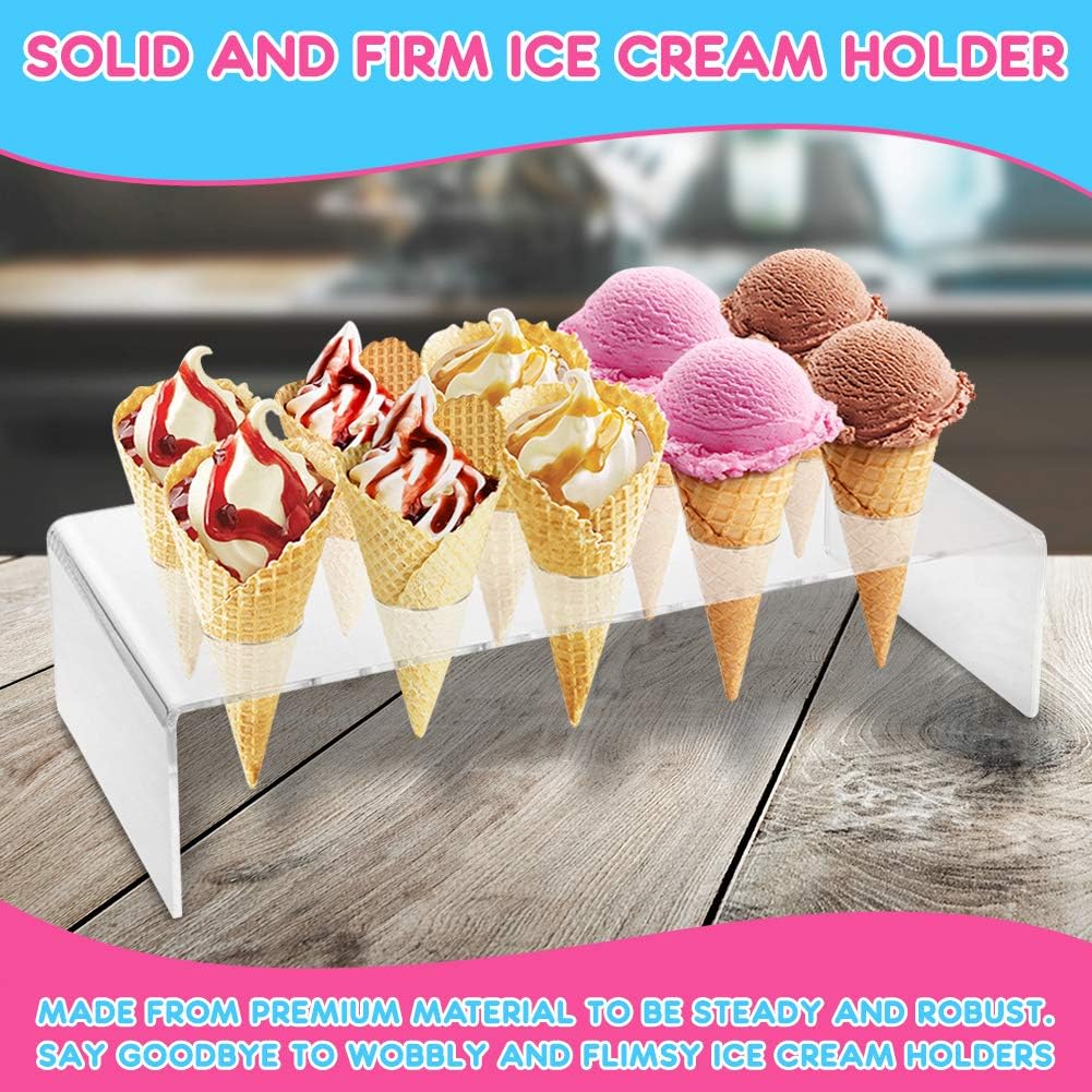 10-Hole Clear Acrylic Ice Cream Cone Holder Stand for Snow Cones, Sushi, & More - Recipe Ebook Included