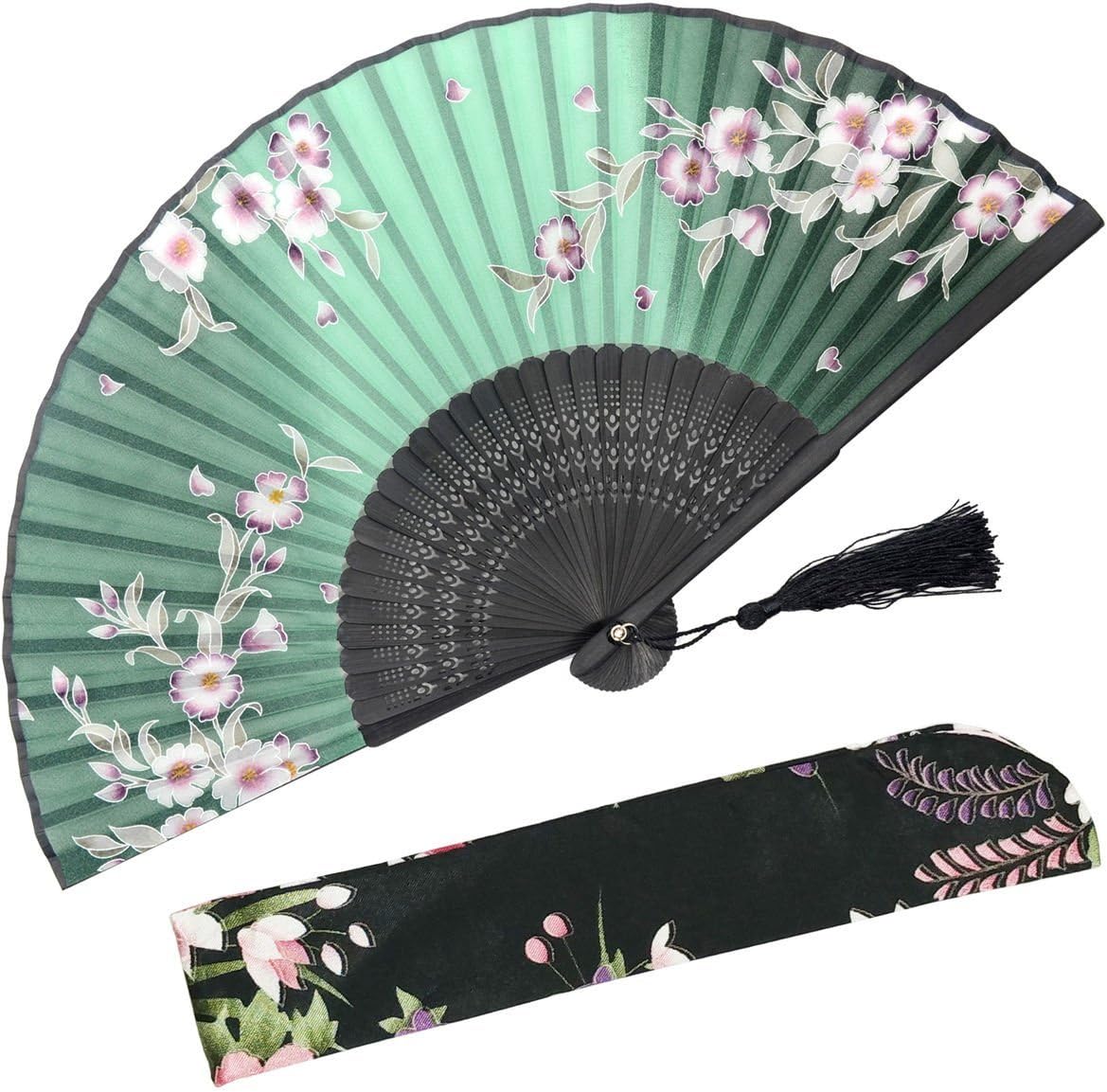 Handmade Silk Folding Fan with Bamboo Frame - Vintage Chinese/Japanese Style for Women & Girls - Gift-Ready with Protective Sleeve (WZS-33)