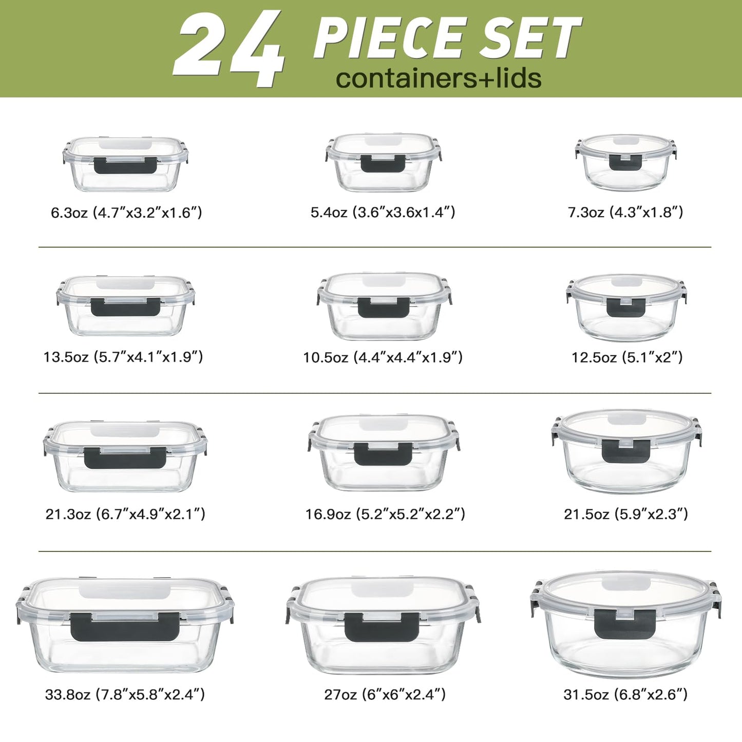 BAYZZ 24 Piece Glass Food Storage Containers with Lids, Airtight Glass Meal Prep Containers for Kitchen, BPA-Free Lunch Box, Microwave and Freezer Safe