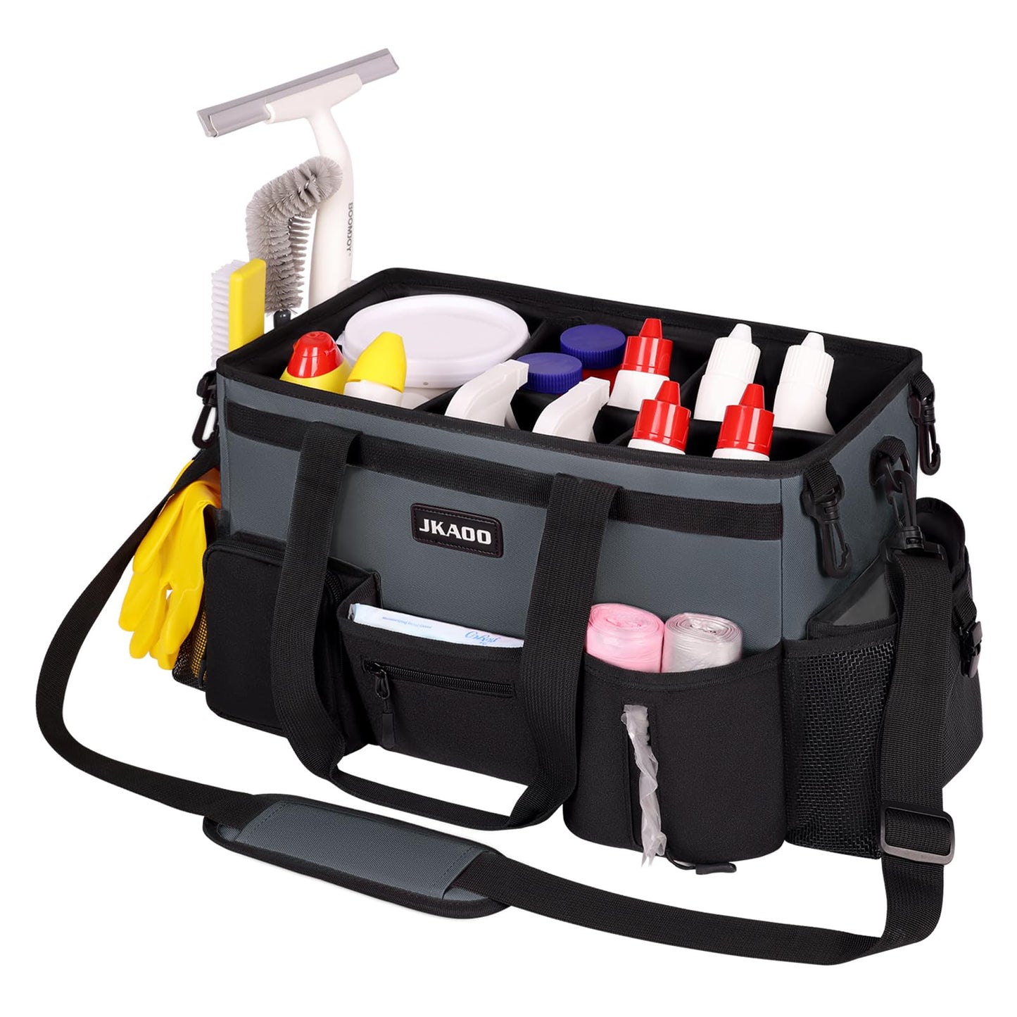 JKAOO Large Wearable Cleaning Caddy Bags,Cleaning Supplies Storage Bag with Handles and Adjustable Shoulder Strap and Removable Waist Straps,Waterproof Cleaning Bags for Home,Car,Office (Gray)