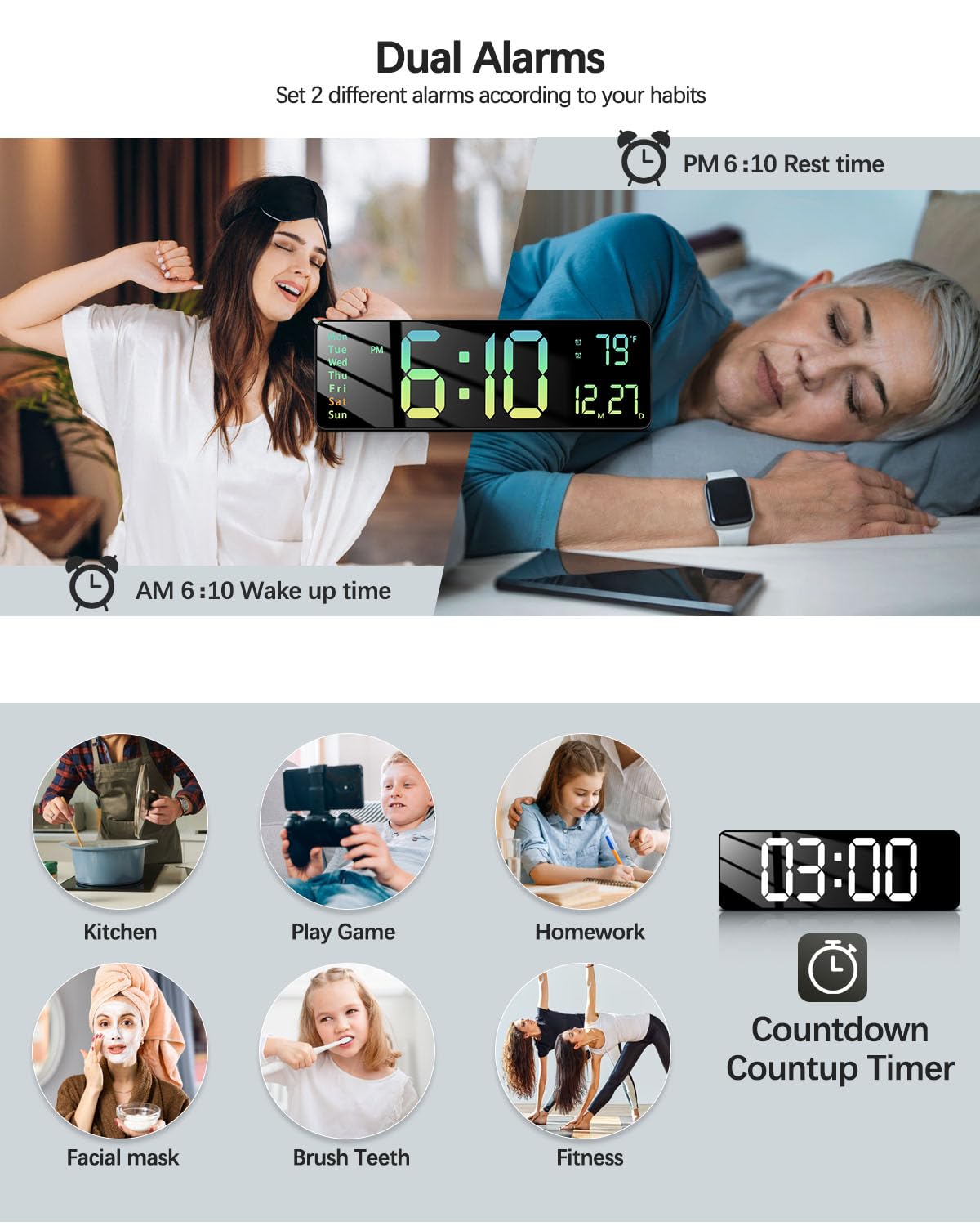 Modern 16" Large Digital Wall Clock with Remote Control, LED Display, Auto-Dimming, Countdown, Temperature, Calendar - 12/24Hr Format - Silent Wall Clock for Home, Office (Gradient Green)