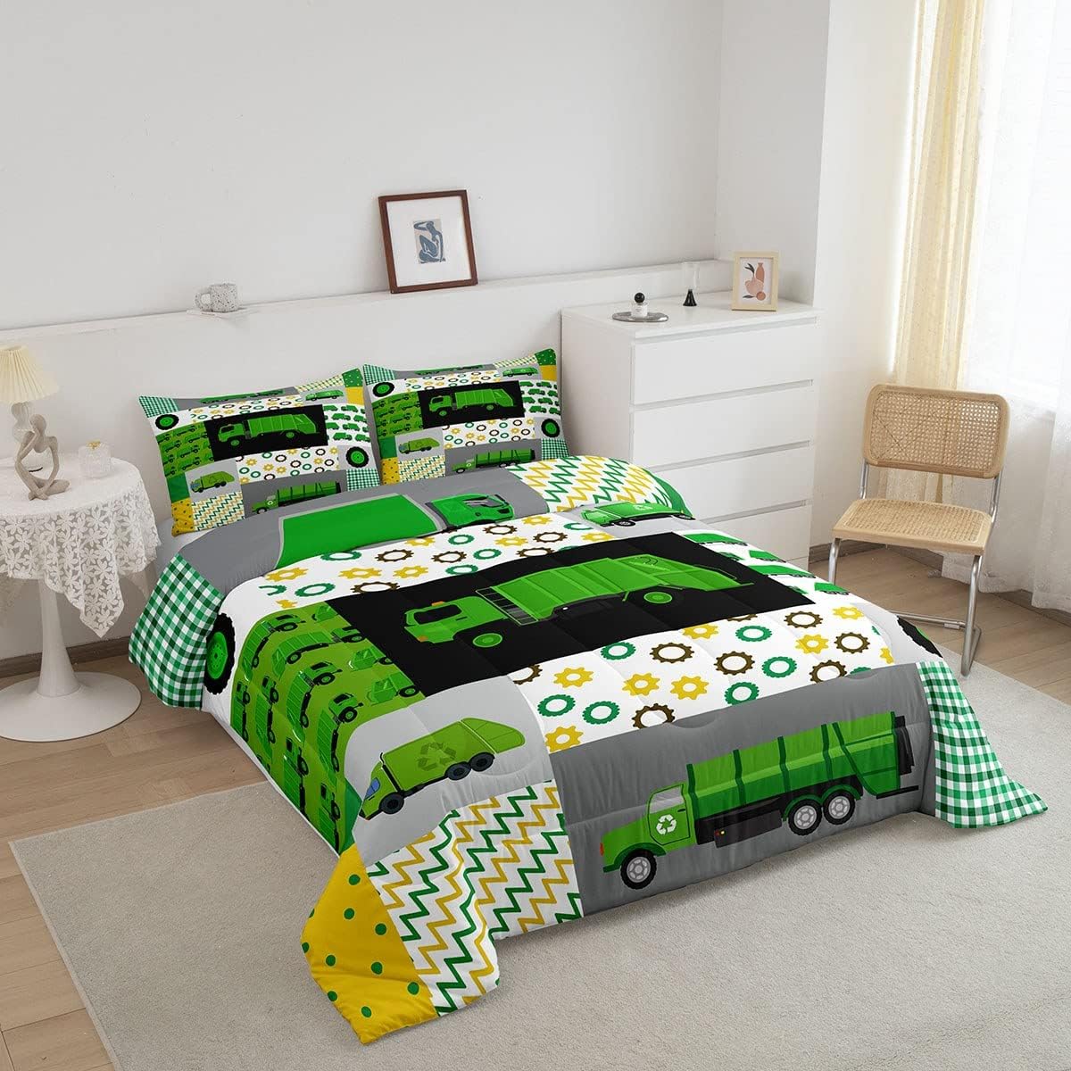 Cartoon Police Car Bedding Set Red Fire Truck Comforter Set for Kids Boys Fire Extinguisher Duvet Set Airplane Comforter 1 Comforter Set with 2 Pillowcases Full Size Boys