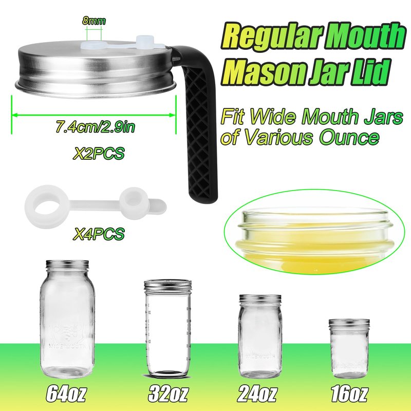 Palksky Mason Jar Lids with Straw Hole & Handle for Regular Mouth Jars, Leak-Resistant Drinking Lids with Extra Silicone Rings, Mason Jar Straw Lids for Iced Coffee, Lemonade, Juice (2 Pack)