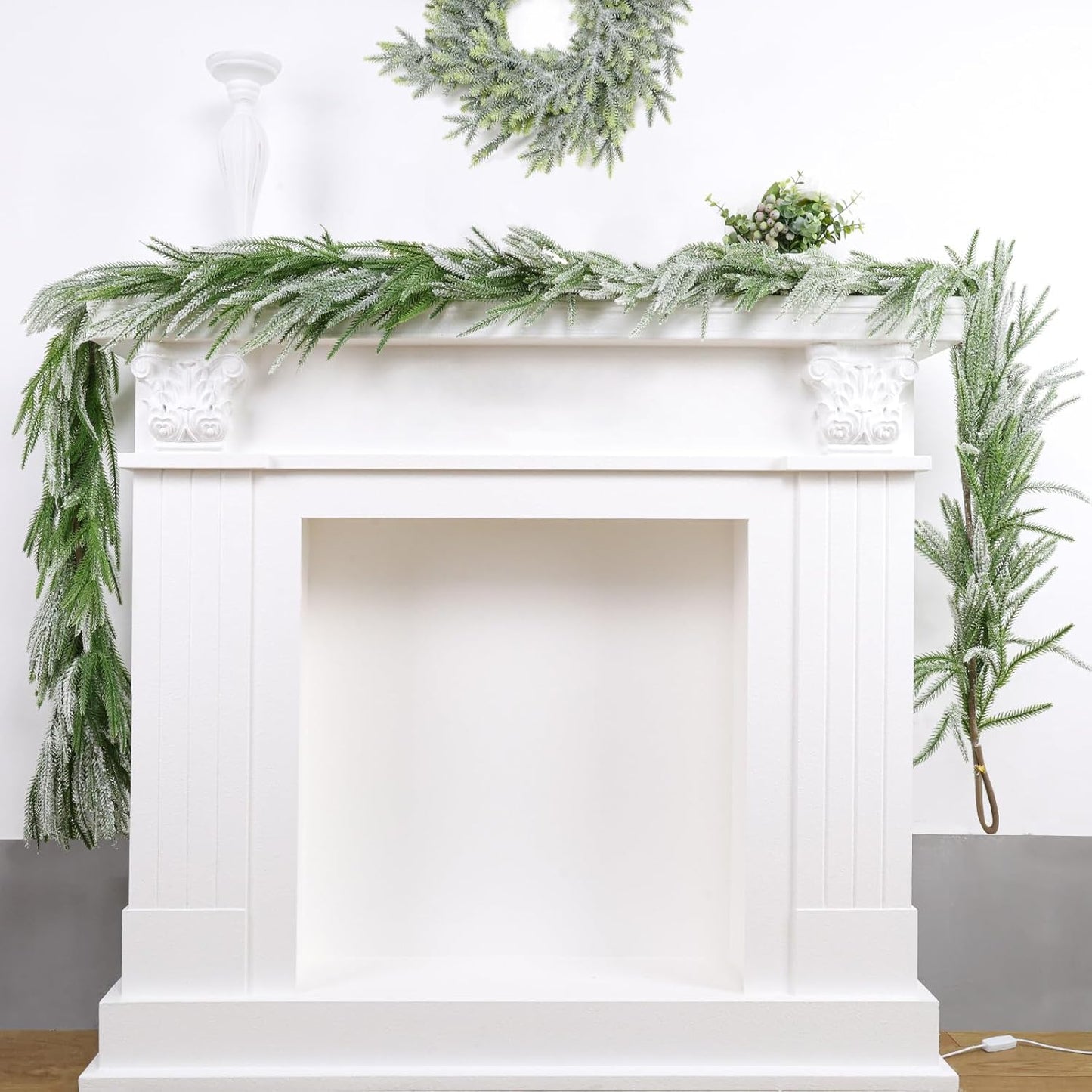 Snow Flocked Norfolk Pine Garlands, 108 Inch Real Touch Winter Pine Garland, Green Artificial Greenery Garland for Table, Mantle, Wall, Indoor, Outdoor Christmas Decorations