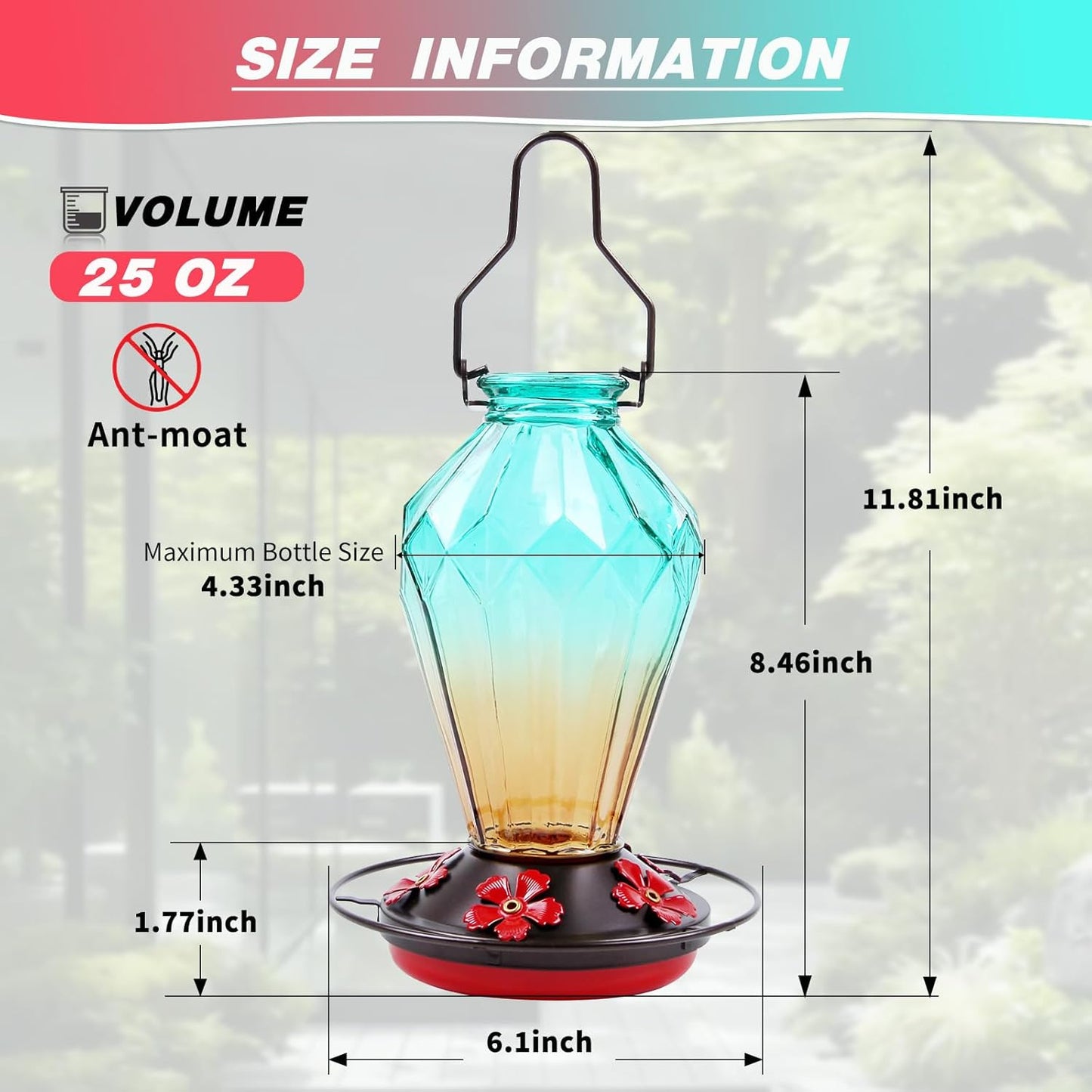 Skiennix Glass Hummingbird Feeder - 25 Oz Leak-Proof Outdoor Nectar Feeder with 5 Flower Ports | Diamond Green