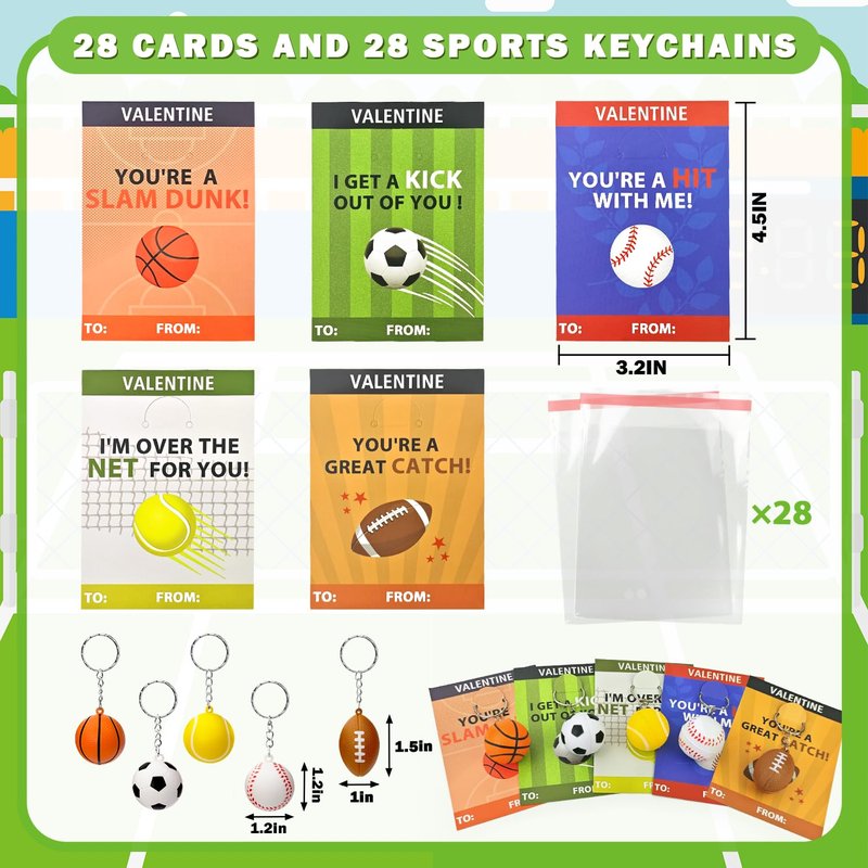 Sport Stress Ball Valentines Day Gifts for Kids Classroom -28 Pack,Mini Foam Ball Toy with Keychain & Exchange Cards for School Toddlers,Valentines Goodie Bag Stuffer Class Treat Prize for Boys Girls