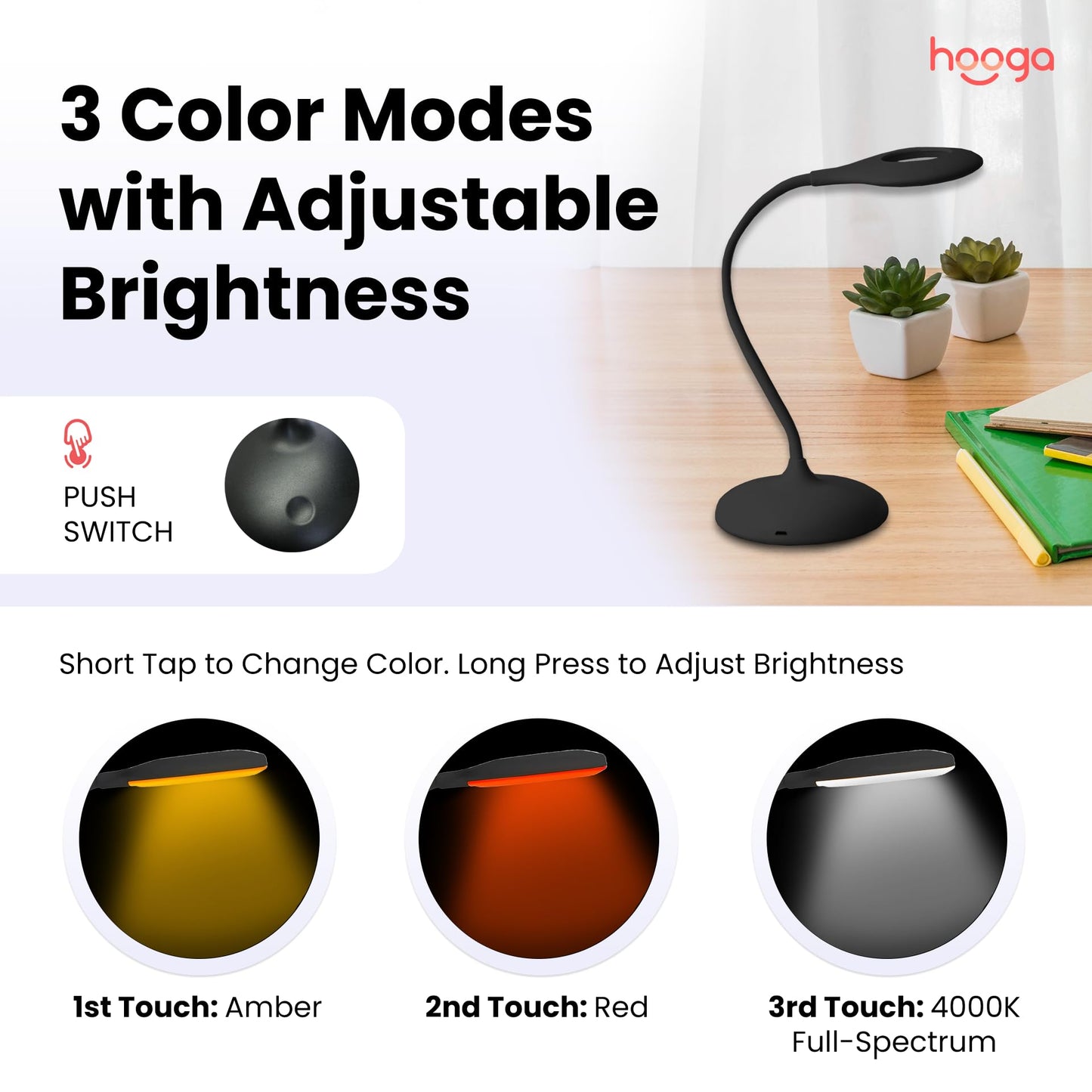 Hooga Desk Lamp, Blue Light Blocking, 3 Color Modes, 1600K Amber, Red, 4000K Full-Spectrum White Light. Office Lamp. Dimmable Reading Lamp. Reduces Eye Strain. Rechargeable. Circadian Rhythm Friendly.