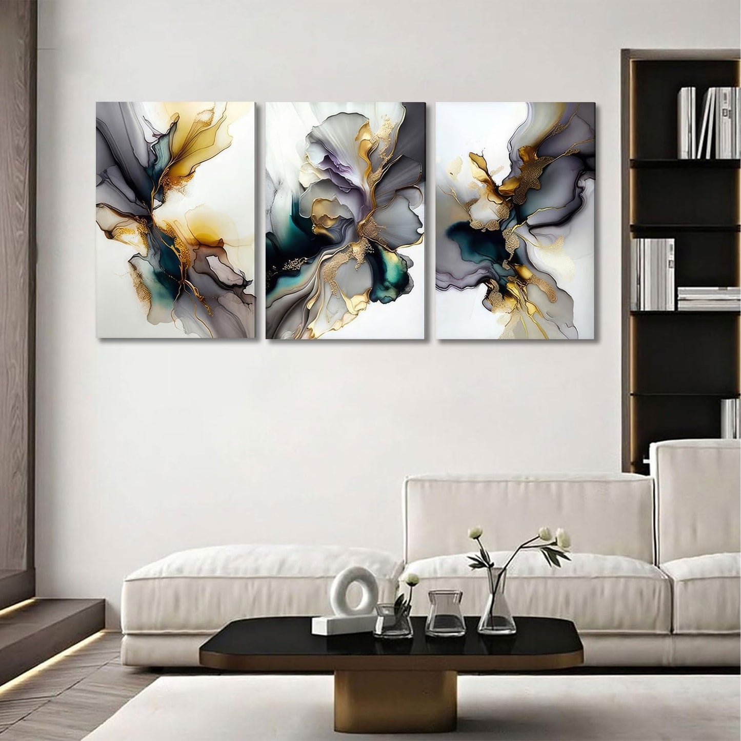 3pcs Black And Gold Abstract Canvas Wall Art Modern Texture Grey And Gold Marble Fluid Wall Decor Posters Prints Pictures for Living Room Bedroom Office Home Decoration Ready To Hang