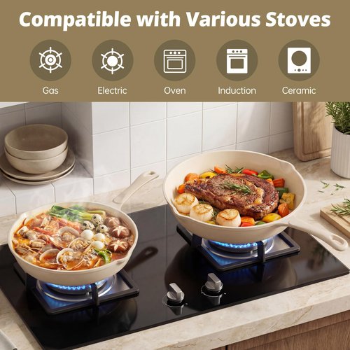 Hteizpz Enameled Cast Iron Skillet 3-Piece Set, Nonstick Heavy-Duty 11", 10", 8.6" Frying Pan, Oven & Induction Safe, Cookware for Gas, Electric, Ceramic Stovetops, White