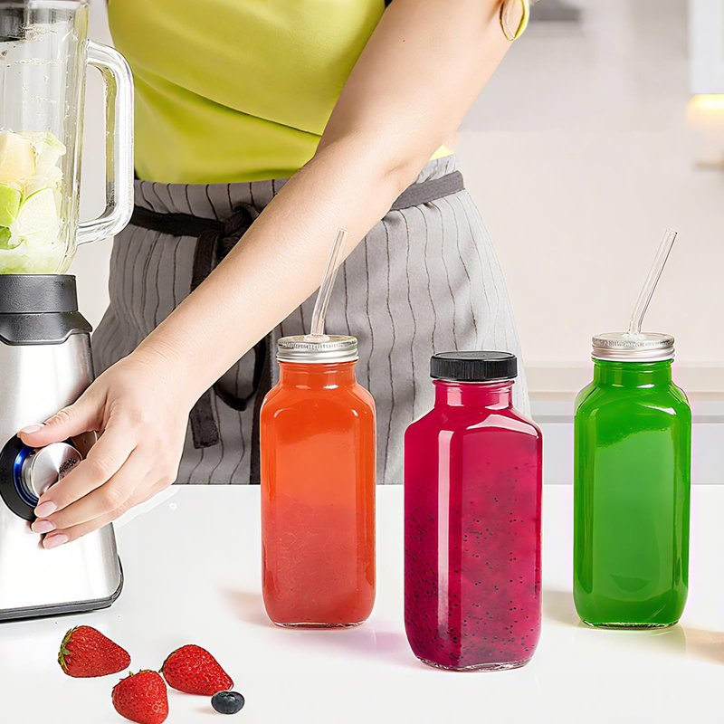 TUZAZO 10 PACK 16 Oz Glass Juice Bottles with Lids, Reusable Travel Drinking Jars Juice Containers, Glass Bottles for Juicing with Brush, Straws, Lids with Hole