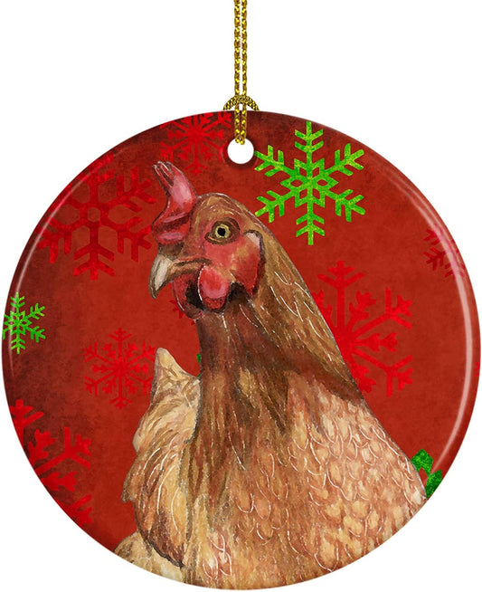 Christmas Chicken Ornament - Red Snowflakes Ceramic Hanging Decoration, 3in