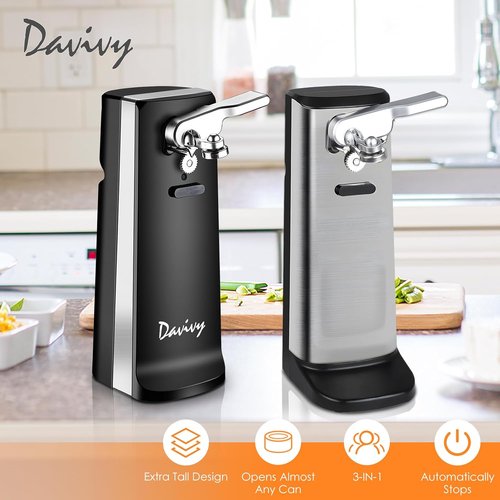 Davivy Electric Can Opener - One Touch Lid Opener with Removable Stainless Steel Cutter | 3-in-1 Design (Black)