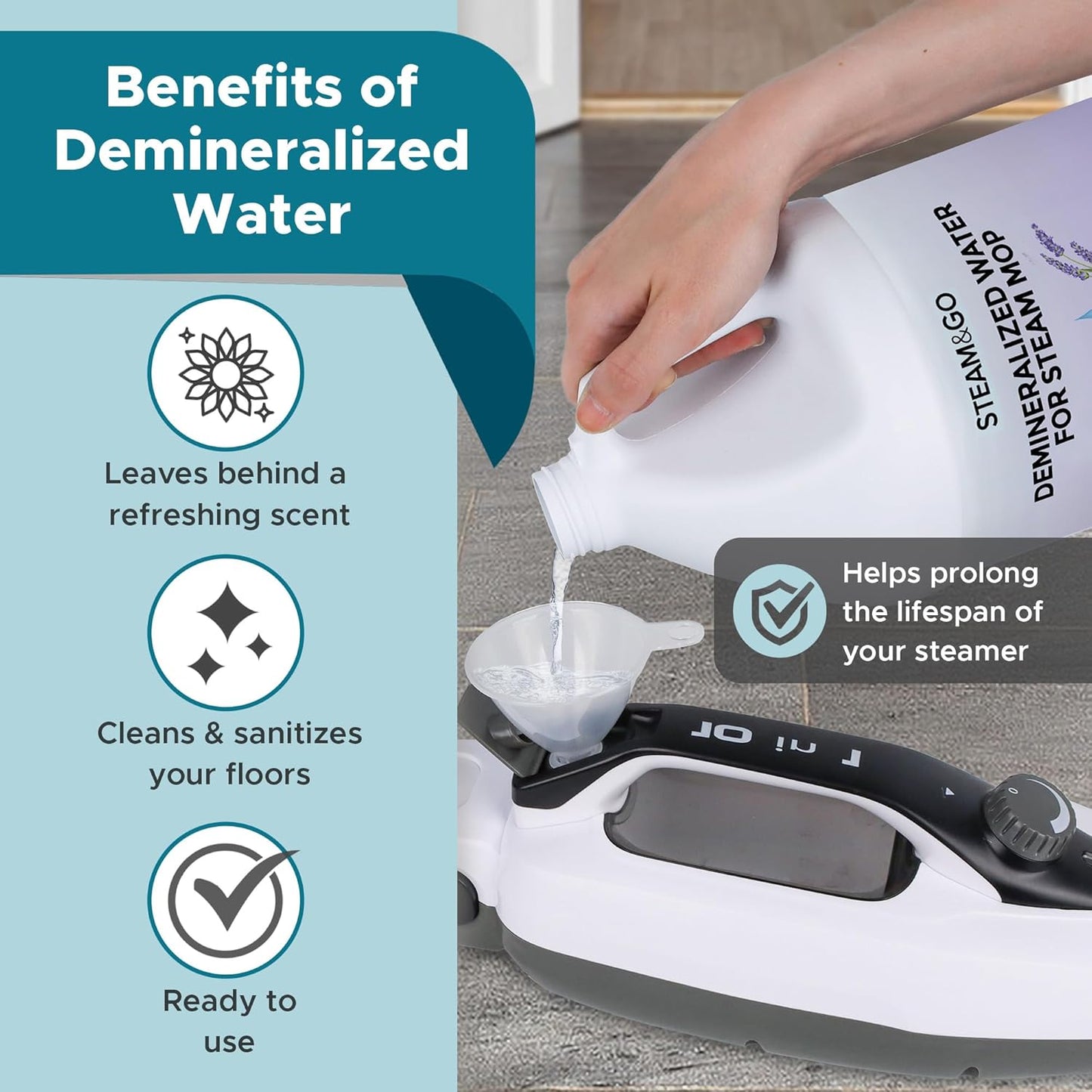 Steam & Go Demineralized Water | PVC-Free Steam Cleaner Solution for All Mops - Lavender Scent, 128 Fl Oz