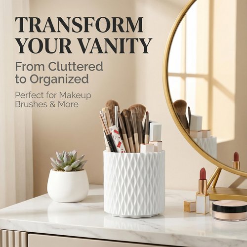 Imakmasion Makeup Brush Holder Organizer, 360° Rotating 5-Slot Make up Brushes Cup for Cosmetic, Lipstick, Hair Brush Holder - Spinning Vanity Countertop Caddy for Bathroom, Dorm & Office, White