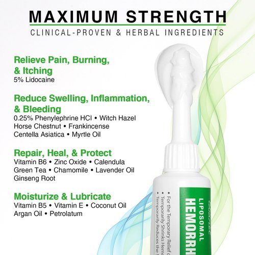 Ebanel 5% Lidocaine Hemorrhoid Treatment Cream with Witch Hazel, Phenylephrine, Horse Chestnut, Vitamin B6, Zinc Oxide, External and Internal Hemorrhoids Treatment Burn Itch Pain Relief Anal Cream