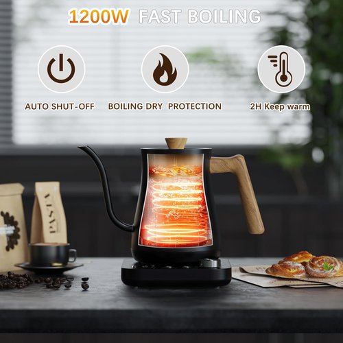 Gooseneck Electric Kettle - ±1℉ Temperature Control for Perfect Pour-Over Coffee & Tea | 1200W, 0.8L, Black Wooden