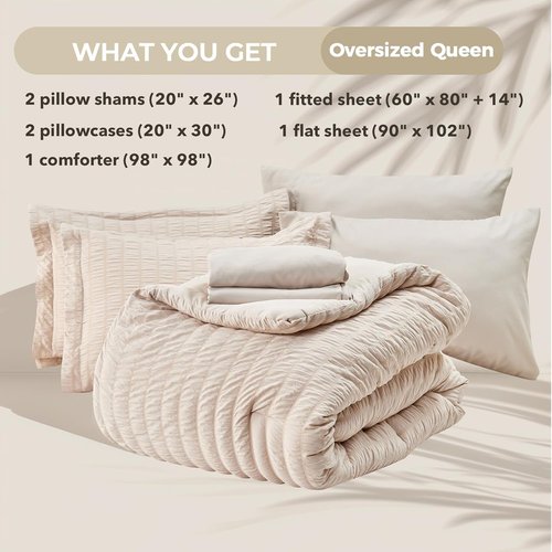 HYMOKEGE Queen Comforter Set - Beige Oversized 7-Piece Seersucker Luxury Bedding | All-Season Comfort