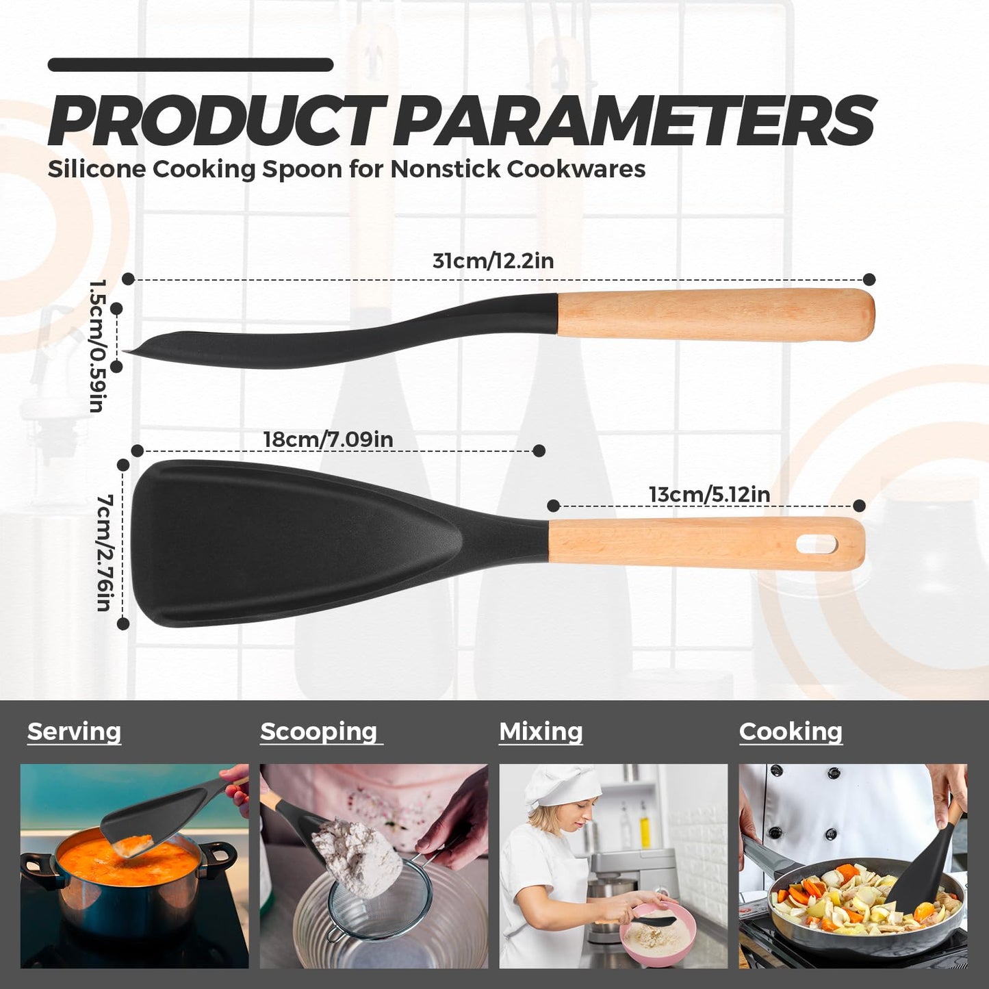 Reallnaive 4 Pcs Silicone Cooking Spoons for Nonstick Cookware 12 Inch Multifunction Spatula Spoon with Wood Handle for Cooking, Serving, Mixing, Scoop, and Scrape(Black)