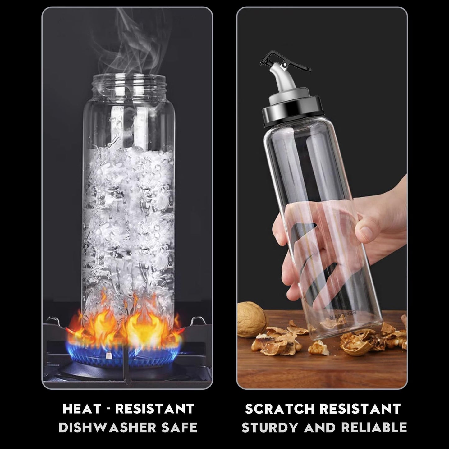 BENEBYR Glass Olive Oil Dispenser Bottle with Leakproof Pourer Spout and Shatterproof Rubber Bottom, Cooking Oil Dispenser Bottle for Kitchen 17 oz Heat Resistant Olive Oil Bottle for Oil & Vinegar