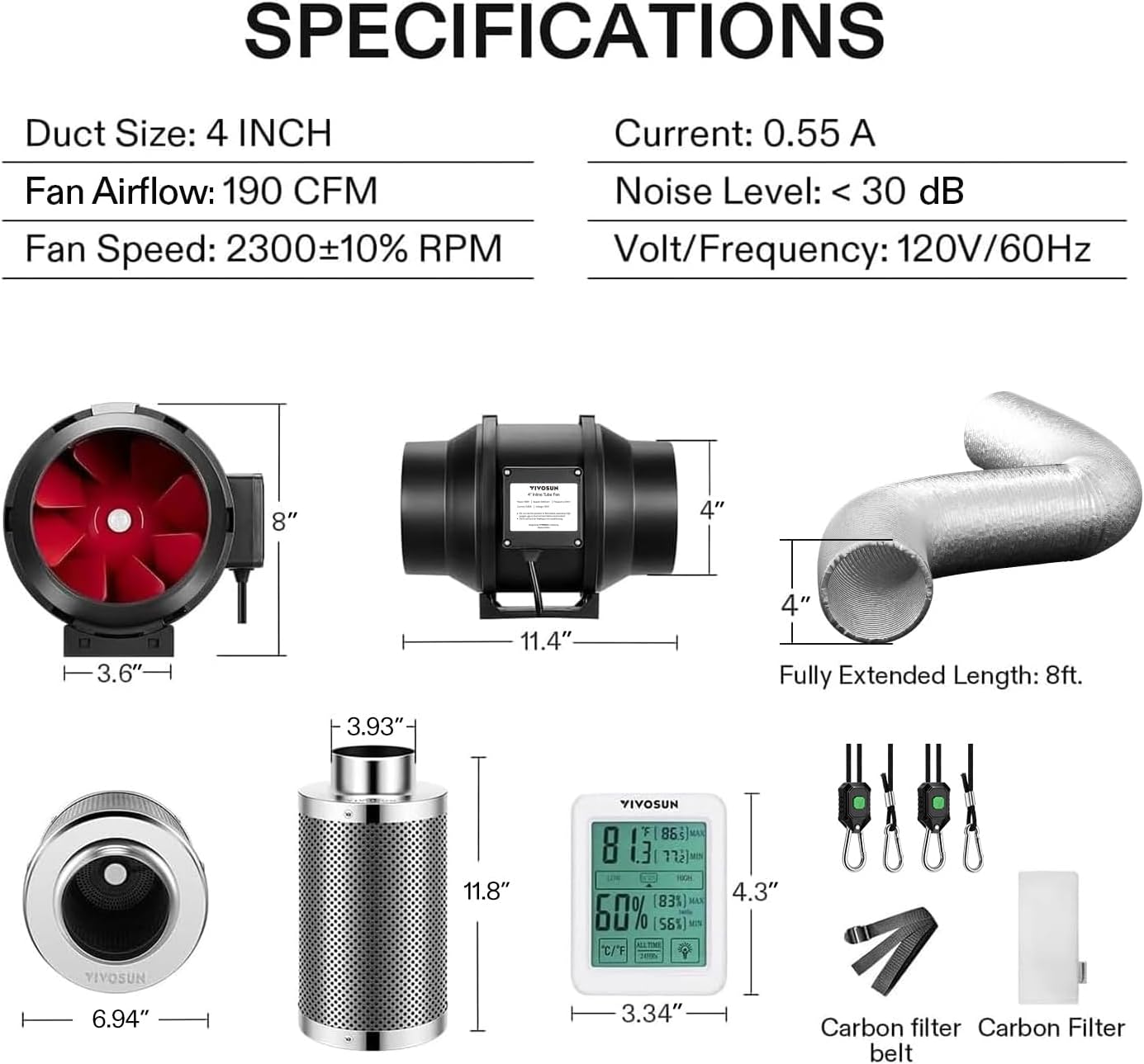 VIVOSUN 4 Inch Inline Fan - 190 CFM with Speed Controller, Carbon Filter & Ducting for Grow Tent Ventilation