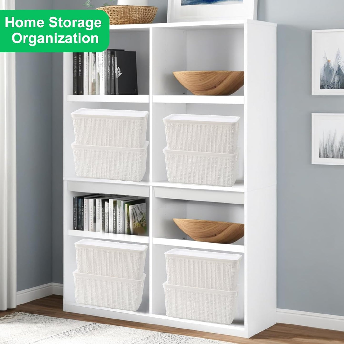 Skiennix 6-Pack Plastic Storage Baskets - Stackable White Bins with Lids for Organizing Desktops & Closets