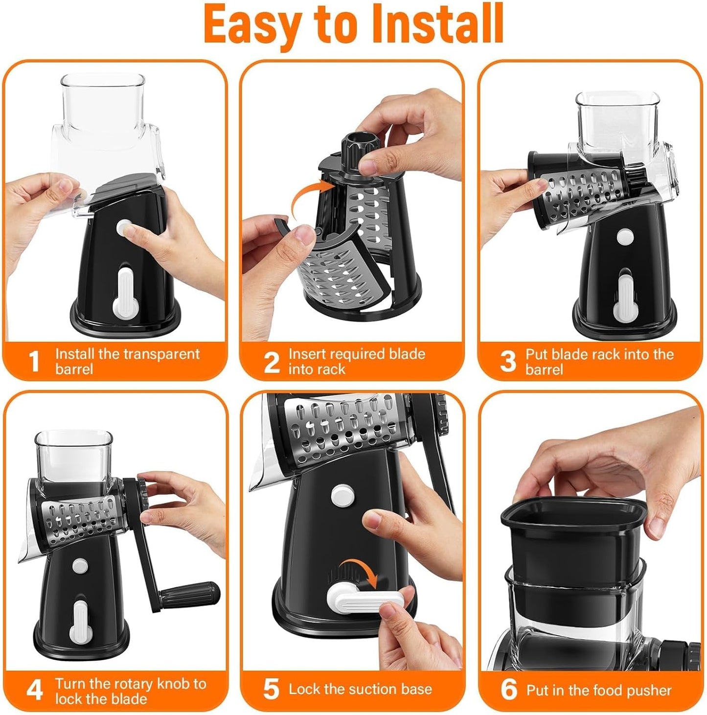 Skiennix 5-Blade Rotary Cheese Grater - Hand Crank Vegetable Chopper & Slicer with Suction Base (Black)