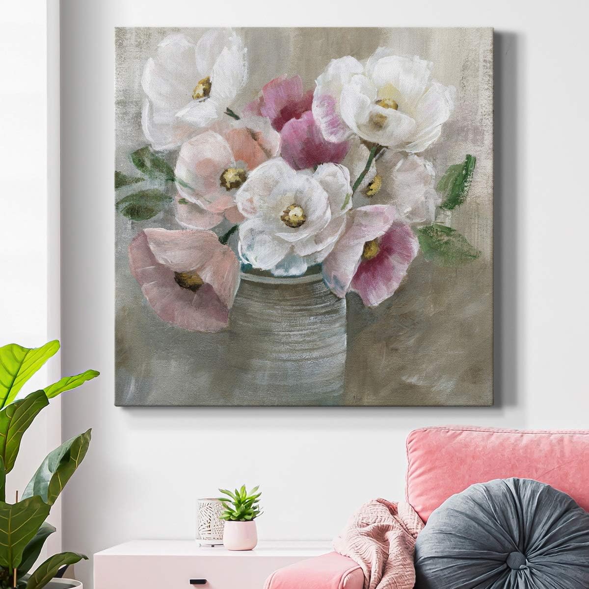Square Premium Gallery Wrapped Canvas Flower Multicolor Wall Art Abstract Floral Romance Modern Pictures Print for Home Office, Ready to Hang